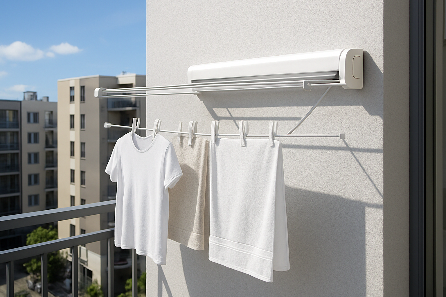 Create a realistic image of a modern retractable clothesline system mounted on a small apartment balcony, showing the mechanism in both extended and retracted positions with clean laundry hanging on one side, sleek white or silver hardware against a contemporary building exterior, bright natural daylight, urban residential background with other apartment buildings visible, emphasizing the space-saving functionality and convenience of the retractable design, absolutely NO text should be in the scene.
