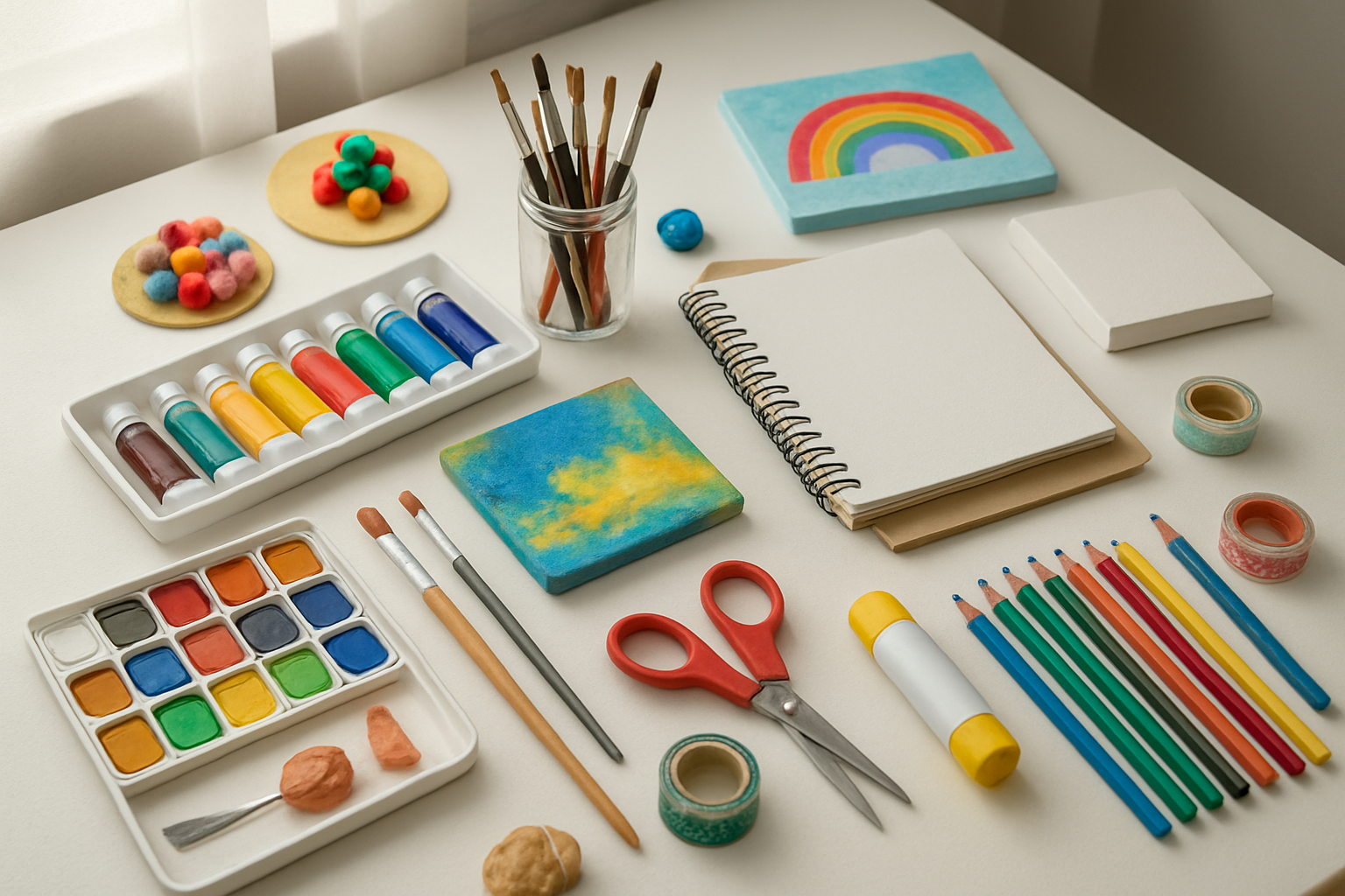 Create a realistic image of art supplies and creative hobby materials artfully arranged on a clean white desk surface, including colorful acrylic paints, paintbrushes of various sizes, sketch pads, colored pencils, watercolor sets, crafting scissors, glue sticks, decorative washi tape, polymer clay, and small canvases, with soft natural lighting from a nearby window creating gentle shadows, surrounded by a few completed teenage art projects like painted canvases and handmade crafts, in a bright and inspiring creative workspace atmosphere, Absolutely NO text should be in the scene.