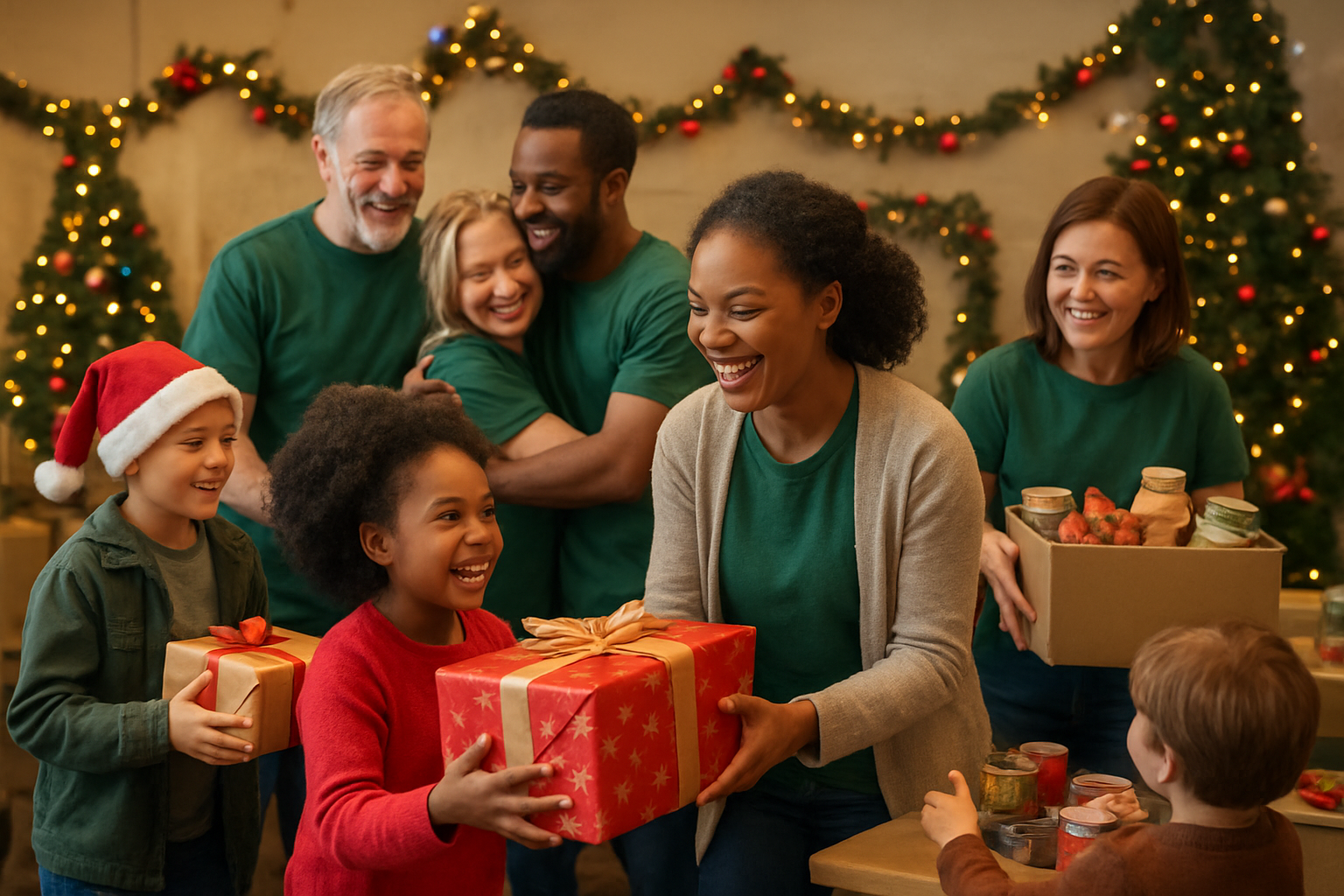 Create a realistic image of a diverse group of volunteers including white and black males and females of various ages distributing wrapped Christmas gifts and food boxes to families in a community center decorated with Christmas trees and garlands, warm indoor lighting creating a welcoming atmosphere, people smiling and embracing, children excitedly receiving presents, tables filled with donated items and holiday decorations, capturing the spirit of community transformation through traditional Christmas giving, absolutely NO text should be in the scene.