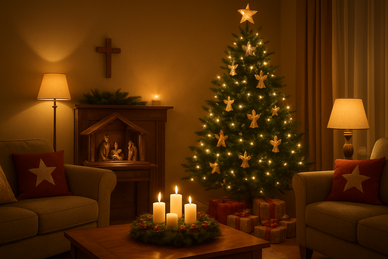 Create a realistic image of a warm, inviting living room during Christmas time featuring a beautifully decorated Christmas tree with religious ornaments including angels and stars, a wooden nativity scene displayed on a side table, lit Advent candles in a wreath, wrapped gifts beneath the tree, soft golden lighting from table lamps and candles creating a peaceful atmosphere, comfortable furniture with holiday throw pillows, and subtle Christian symbols like a small wooden cross on the mantle, all conveying a sense of sacred celebration and family togetherness, absolutely NO text should be in the scene.