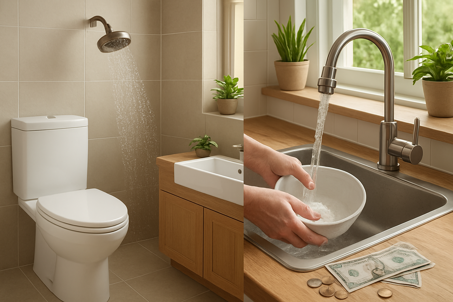 Create a realistic image of a modern bathroom featuring water-saving fixtures including a dual-flush toilet, low-flow showerhead with visible water droplets, and a faucet with an aerator attachment, alongside a kitchen sink area showing a person's hands washing dishes in a basin to conserve water, with dollar bills and coins scattered on a wooden countertop nearby representing money savings, natural lighting streaming through a window, green plants on windowsills, and eco-friendly wooden accents throughout the space, absolutely NO text should be in the scene.