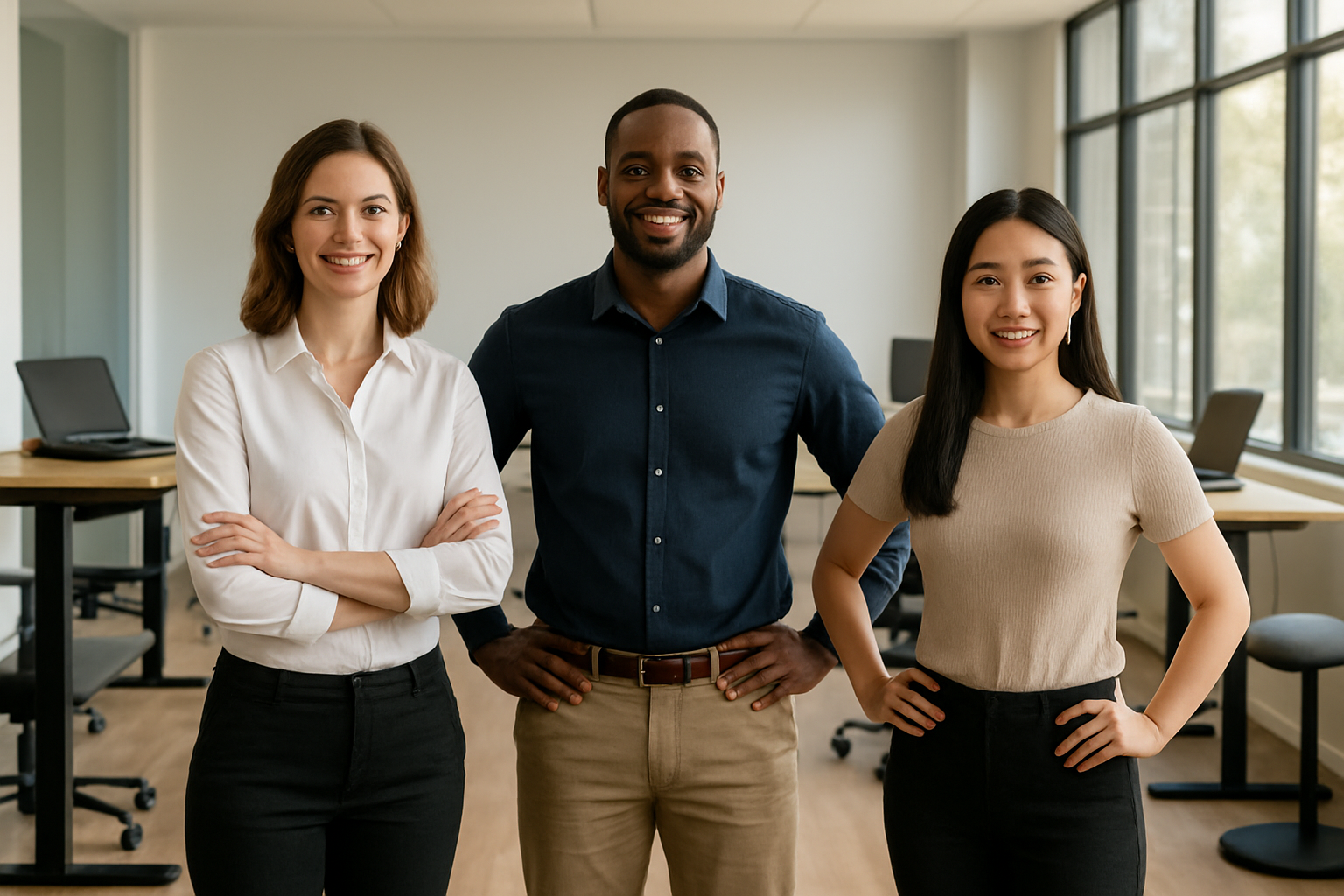 Create a realistic image of a diverse group of three people - a white female, a black male, and an Asian female - standing confidently in a modern office environment with excellent posture, their spines aligned and shoulders back, surrounded by ergonomic office furniture including adjustable desks and chairs, with natural lighting streaming through large windows, conveying a sense of achievement and wellness, while ergonomic accessories like laptop stands and supportive cushions are visible in the background, creating an atmosphere of success and healthy workplace habits, absolutely NO text should be in the scene.