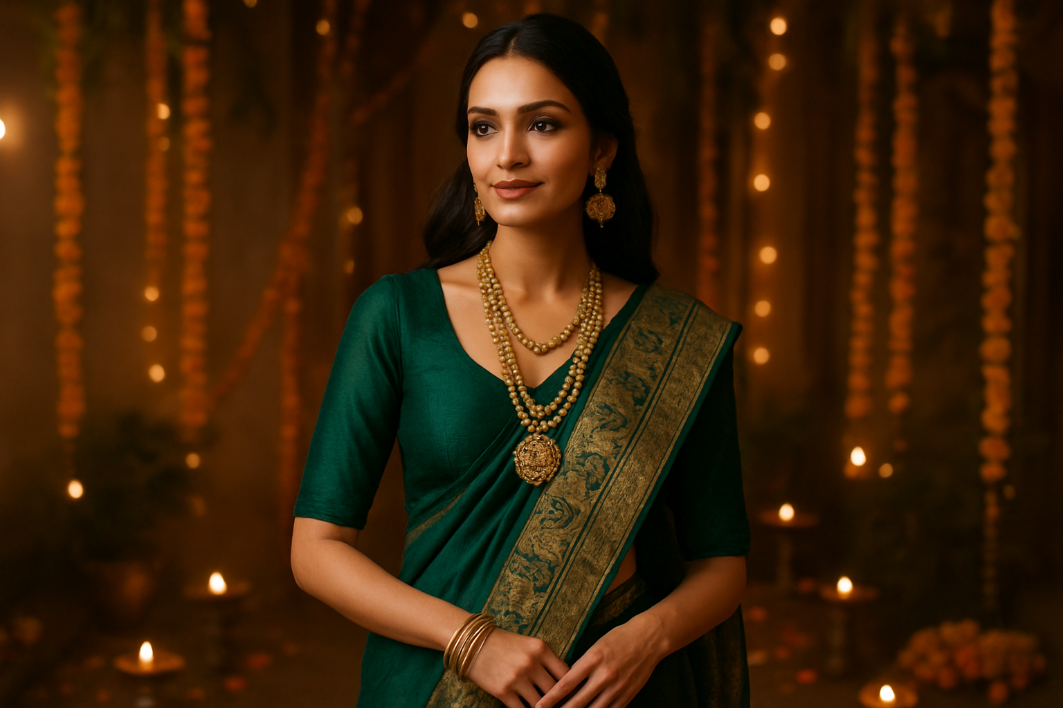 Create a realistic image of an elegant Indian woman wearing a fusion festive outfit that blends traditional and modern elements, featuring sustainable fabrics in rich jewel tones like emerald green and gold, adorned with statement jewelry including layered necklaces and ornate earrings, standing gracefully in a beautifully decorated festival setting with soft warm lighting, traditional diyas and marigold flowers in the background, capturing the essence of contemporary Indian festive fashion with a focus on comfort and style, absolutely NO text should be in the scene.