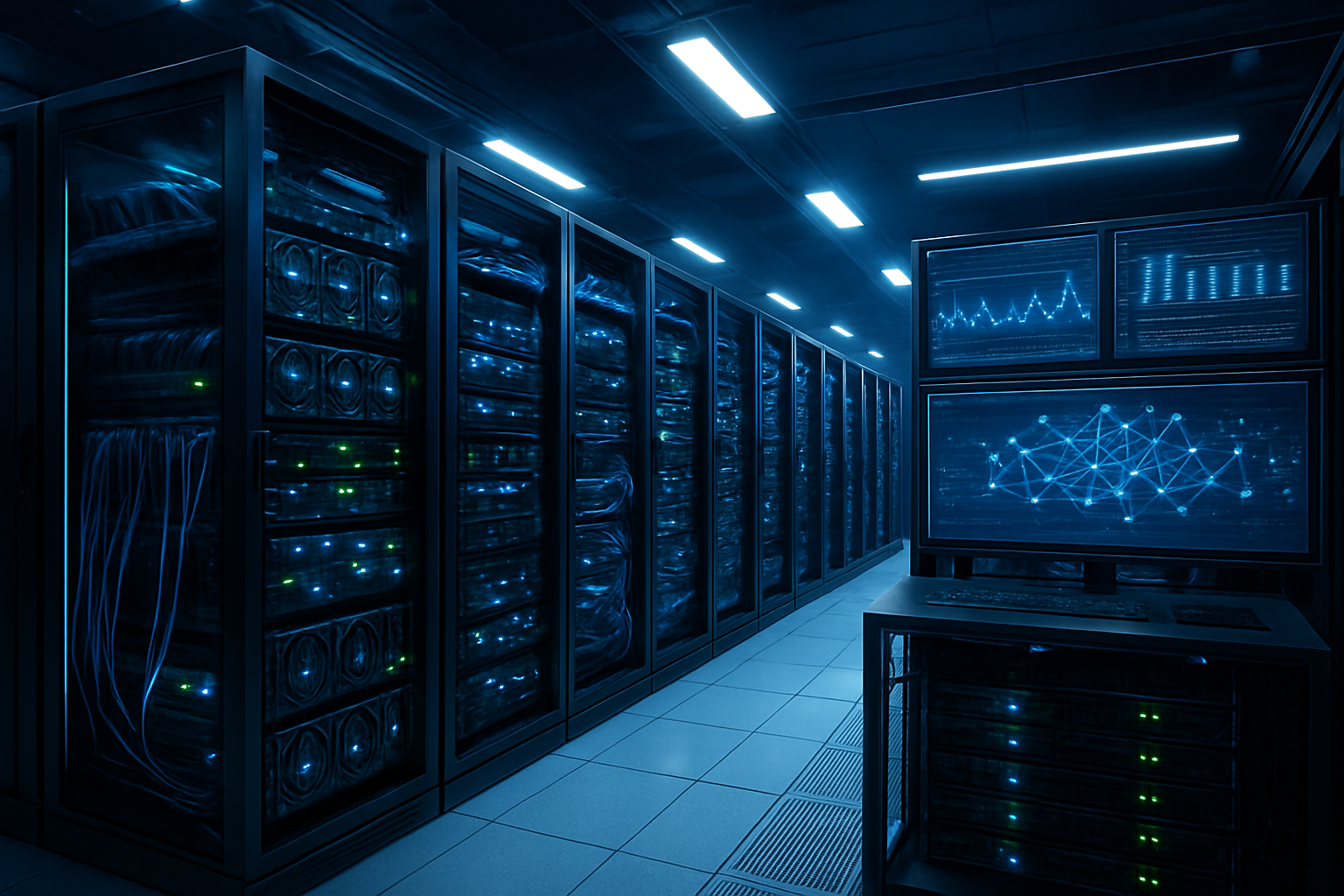 Create a realistic image of a modern data center server room with rows of powerful GPU servers and computing hardware, glowing blue and green LED indicators, cooling systems with visible airflow, fiber optic cables connecting the equipment, multiple large monitors displaying performance metrics and neural network training visualizations, a sleek futuristic atmosphere with dramatic lighting highlighting the advanced technology, cool blue and white color scheme suggesting high performance and efficiency, absolutely NO text should be in the scene.