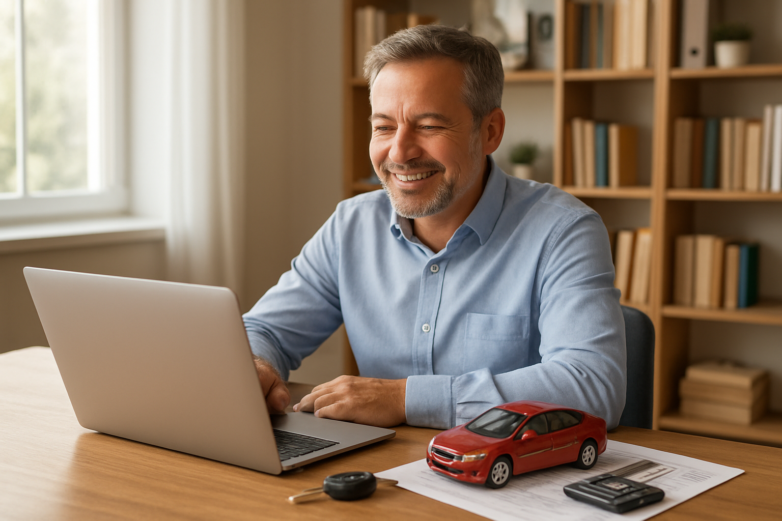 Create a realistic image of a satisfied middle-aged white male sitting at a modern wooden desk with a laptop open, car keys placed nearby, and a small model car beside financial documents and calculator, with a bright home office background featuring bookshelves and natural sunlight streaming through a window, conveying a sense of accomplishment and financial success after securing a good car loan deal, absolutely NO text should be in the scene.