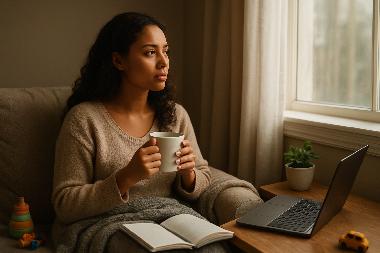 Create a realistic image of a peaceful woman of mixed ethnicity sitting in a cozy corner of her home, holding a cup of tea while looking thoughtfully out a window, with soft natural morning light streaming in, surrounded by subtle signs of a busy life like a laptop, children's toys, and a planner on a nearby table, with a small potted plant and a comfortable throw blanket creating a serene atmosphere that suggests finding moments of reflection amid life's demands, absolutely NO text should be in the scene.