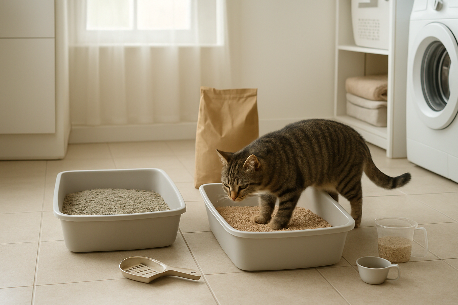 Create a realistic image of a clean modern laundry room or utility area showing a gradual transition from conventional to eco-friendly cat litter, with two litter boxes side by side - one containing traditional clay litter and another with natural corn or wood-based eco-friendly litter, a bag of eco-friendly cat litter partially visible, a calm tabby cat exploring the new litter box, scattered measuring cups and a small scoop nearby, soft natural lighting from a window, clean tile flooring, and a peaceful organized atmosphere suggesting a successful changeover process, absolutely NO text should be in the scene.