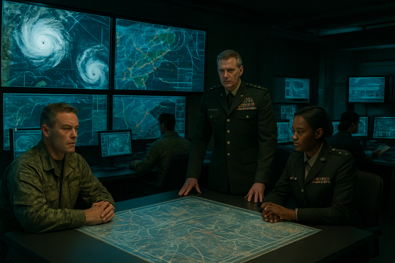 Create a realistic image of a high-tech military command center with large wall-mounted screens displaying satellite imagery of hurricane formations and weather patterns, tactical maps with strategic markers, and meteorological data overlays, featuring a diverse group of military officials including white male and black female officers in uniform analyzing storm trajectories around a illuminated conference table, with computer workstations showing atmospheric models, radar systems, and communication equipment in the background, set in a dimly lit underground bunker with blue and green monitor lighting creating a tense strategic atmosphere, absolutely NO text should be in the scene.