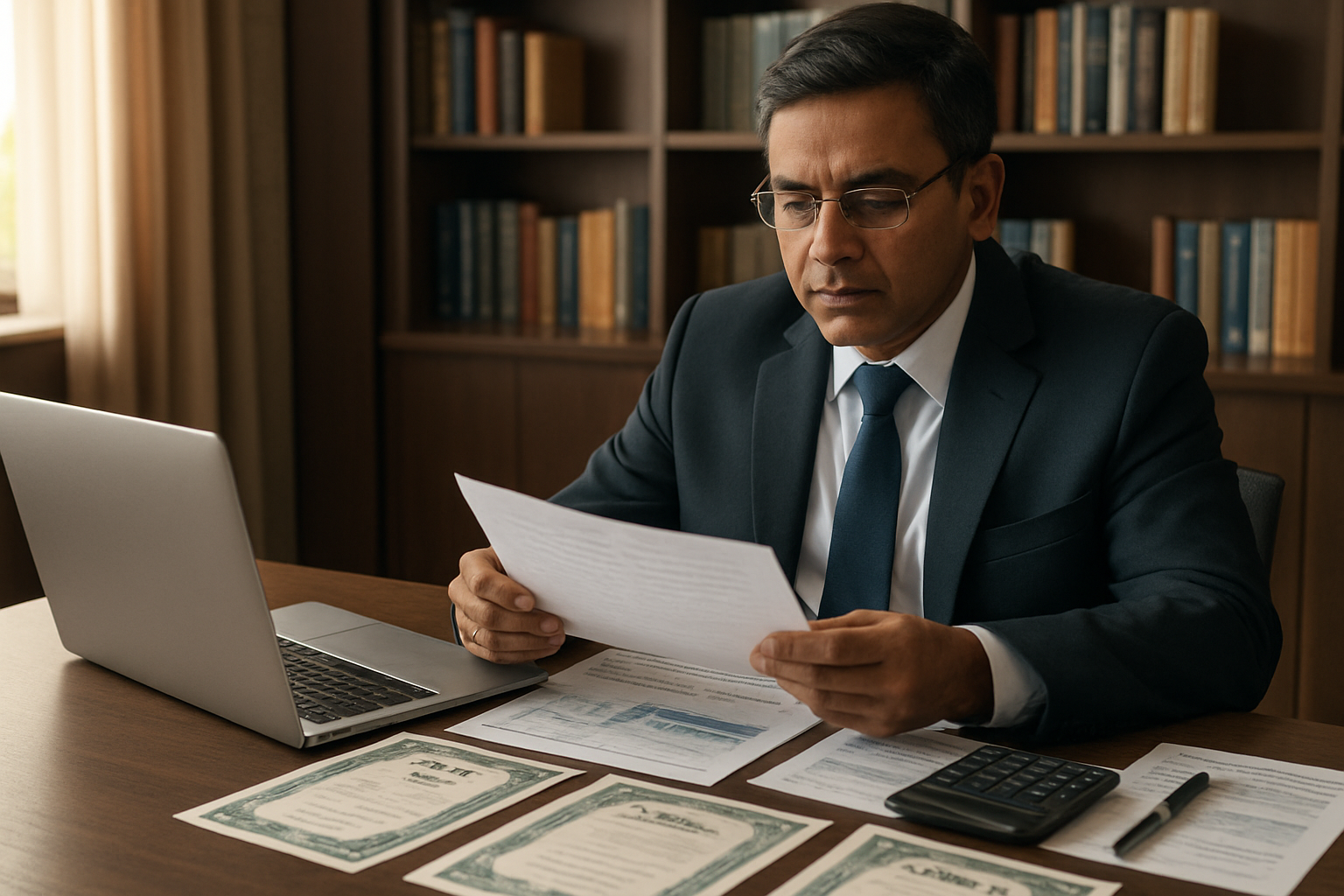 Create a realistic image of an Indian male businessman in his 40s sitting at a modern office desk with a laptop open, reviewing financial documents and bond certificates spread across the desk, with a calculator and pen nearby, surrounded by a professional office environment with bookshelves containing financial guides in the background, warm natural lighting from a window, conveying a focused and methodical atmosphere of financial planning and investment decision-making, absolutely NO text should be in the scene.