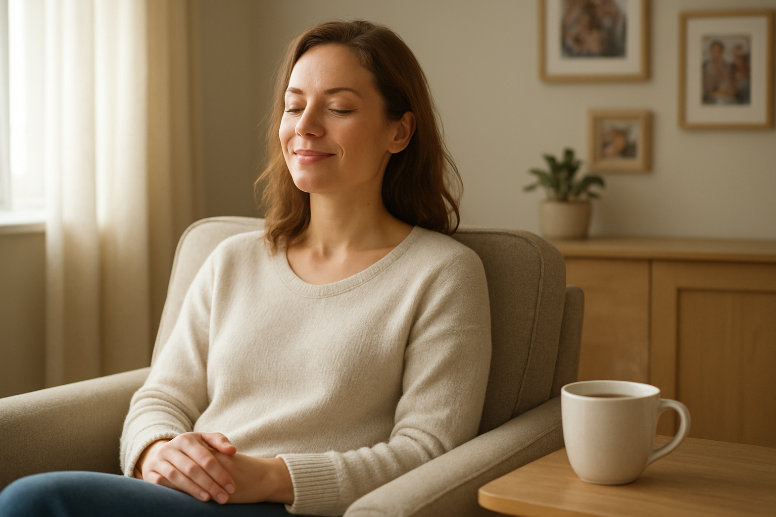 Create a realistic image of a peaceful white female mother sitting in a comfortable chair with a gentle smile, looking refreshed and balanced, surrounded by subtle elements representing self-care like a warm cup of tea on a nearby table, soft natural lighting streaming through a window, with organized family photos and a small plant in the background creating a calm, harmonious home environment that conveys renewal and well-being, absolutely NO text should be in the scene.