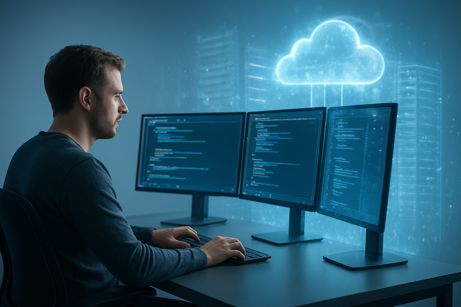 Create a realistic image of a modern tech workspace where a white male developer sits at a sleek desk with multiple monitors displaying clean code interfaces, while behind him ethereal, translucent server infrastructure and cloud computing elements float and fade into transparency, symbolizing invisible backend systems, with soft blue and white lighting creating a futuristic atmosphere where physical hardware appears to dissolve into digital particles, conveying seamless technology integration. Absolutely NO text should be in the scene.