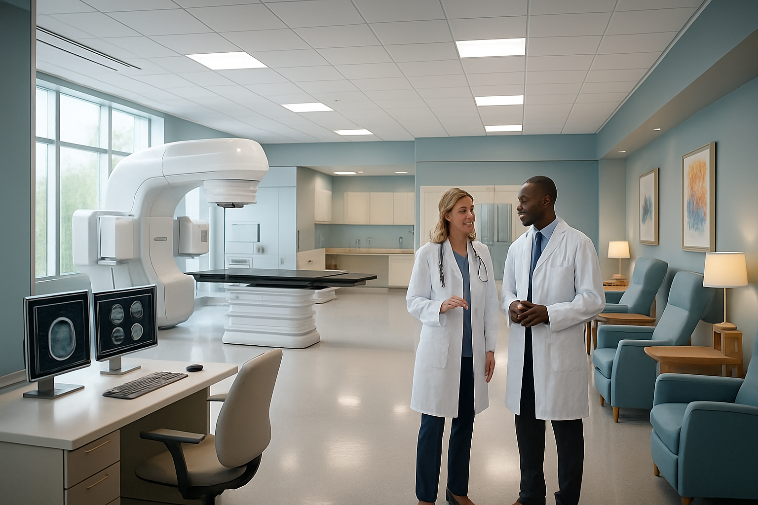 Create a realistic image of a modern cancer treatment facility interior showing a bright, welcoming oncology wing with state-of-the-art medical equipment including linear accelerators and chemotherapy chairs, clean white and soft blue medical environment with natural lighting streaming through large windows, a diverse group of medical professionals including a white female doctor in a white coat consulting with a black male oncologist near advanced diagnostic monitors, comfortable patient seating areas with warm lighting and healing artwork on walls, polished floors reflecting the professional atmosphere, conveying hope and cutting-edge medical care in a premier hospital setting, absolutely NO text should be in the scene.