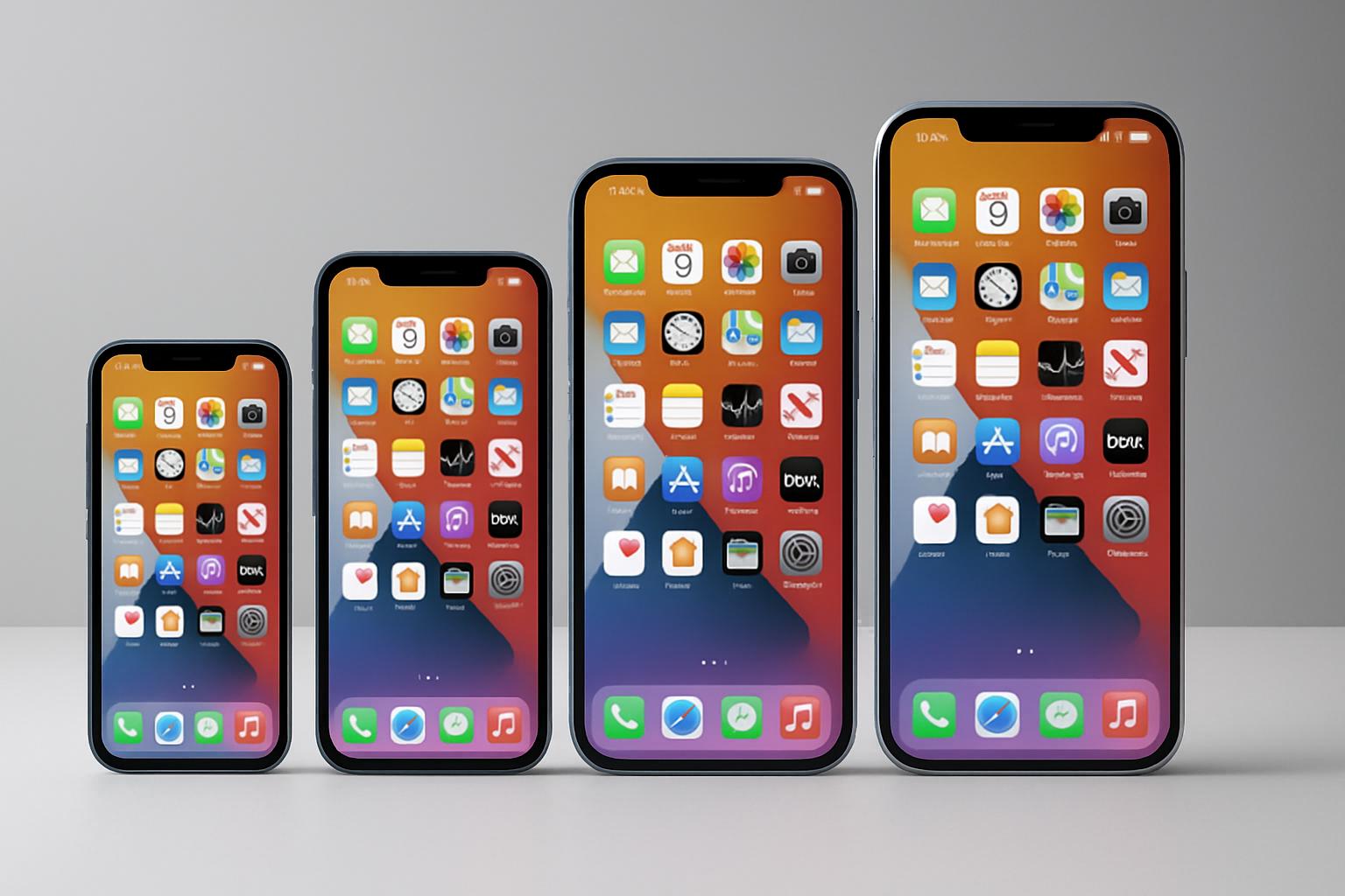 Create a realistic image of an iPhone 17 Mini placed prominently in the center foreground alongside three other iPhone 17 models (standard, Plus, and Pro Max) arranged in a comparison layout on a clean white surface, with each phone displaying their home screens, soft professional lighting creating subtle shadows, modern minimalist background with subtle gradient from white to light gray, phones positioned at slight angles to show their different sizes clearly, with the Mini model being noticeably smaller than the others, creating a tech product comparison scene with crisp details and premium aesthetic, absolutely NO text should be in the scene.