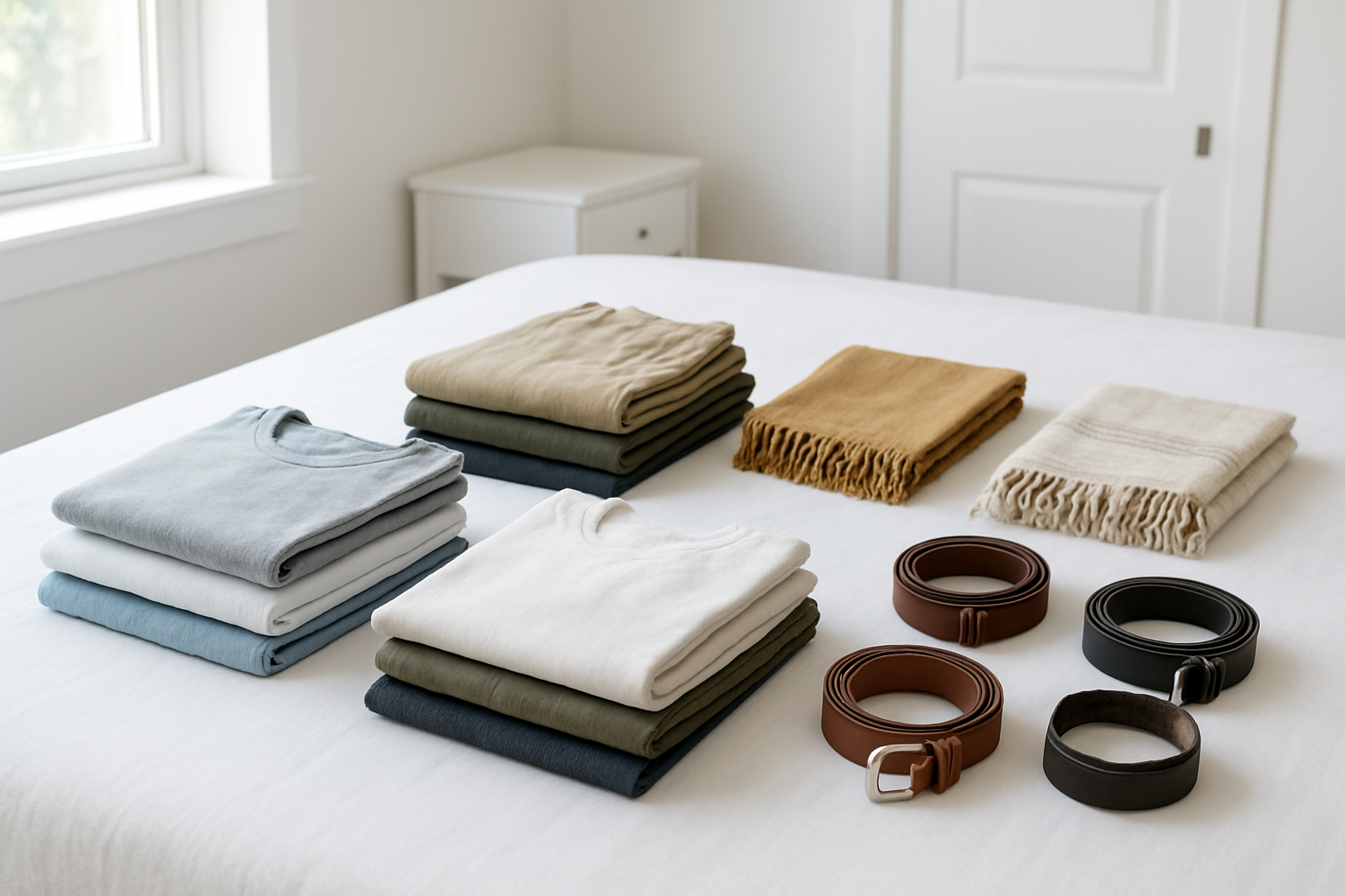 Create a realistic image of neatly organized clothing items being sorted into different categories on a clean white bed, with folded shirts in one pile, pants in another, and accessories like belts and scarves arranged in small organized groups, bright natural lighting streaming through a nearby window creating a fresh and tidy atmosphere, showing the systematic approach of smart sorting with everything arranged in an orderly and methodical way, complemented by a minimalist bedroom background with clean lines and uncluttered surfaces, absolutely NO text should be in the scene.