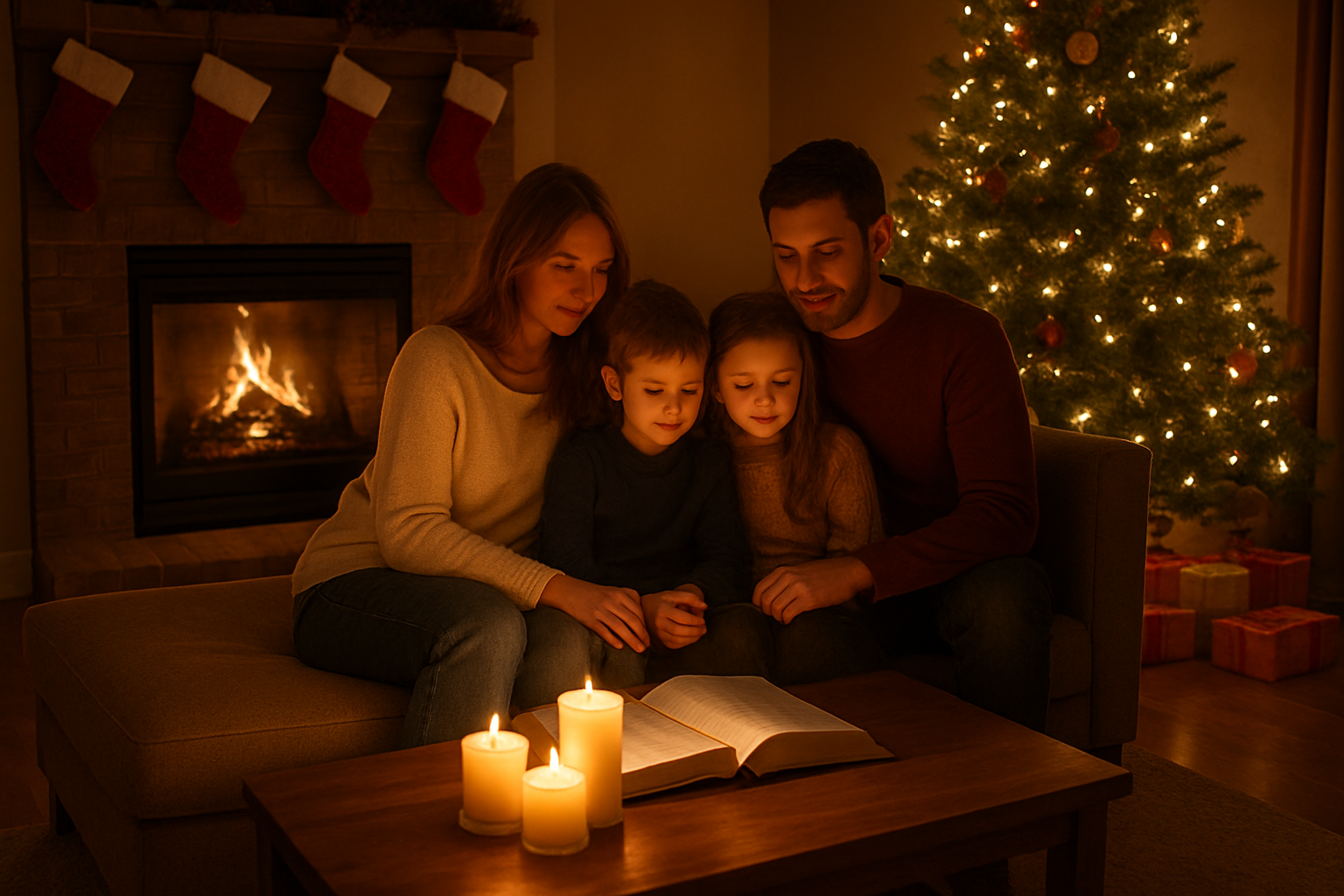 Create a realistic image of a cozy living room on Christmas Eve evening with a warm fireplace glowing in the background, a family of four including a white mother, white father, and two children sitting together on a comfortable sofa, an open Bible on the coffee table alongside lit candles, a beautifully decorated Christmas tree with soft white lights in the corner, wrapped presents underneath the tree, warm golden lighting throughout the scene creating an intimate and peaceful atmosphere, wooden floors with a soft area rug, and stockings hanging by the fireplace, absolutely NO text should be in the scene.