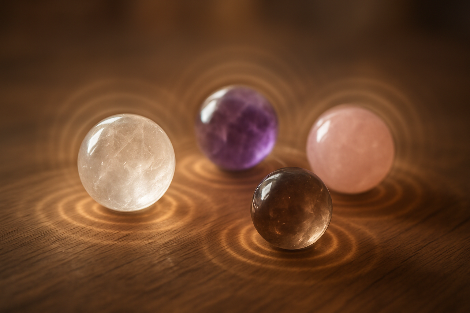 Create a realistic image of several polished crystal spheres of different sizes and types including clear quartz, amethyst, rose quartz, and smoky quartz arranged on a natural wooden surface, with soft ethereal light radiating outward from each sphere in gentle glowing waves to visualize balanced energy emanation, warm ambient lighting creating a serene and mystical atmosphere, shallow depth of field focusing on the spheres in the foreground, absolutely NO text should be in the scene.