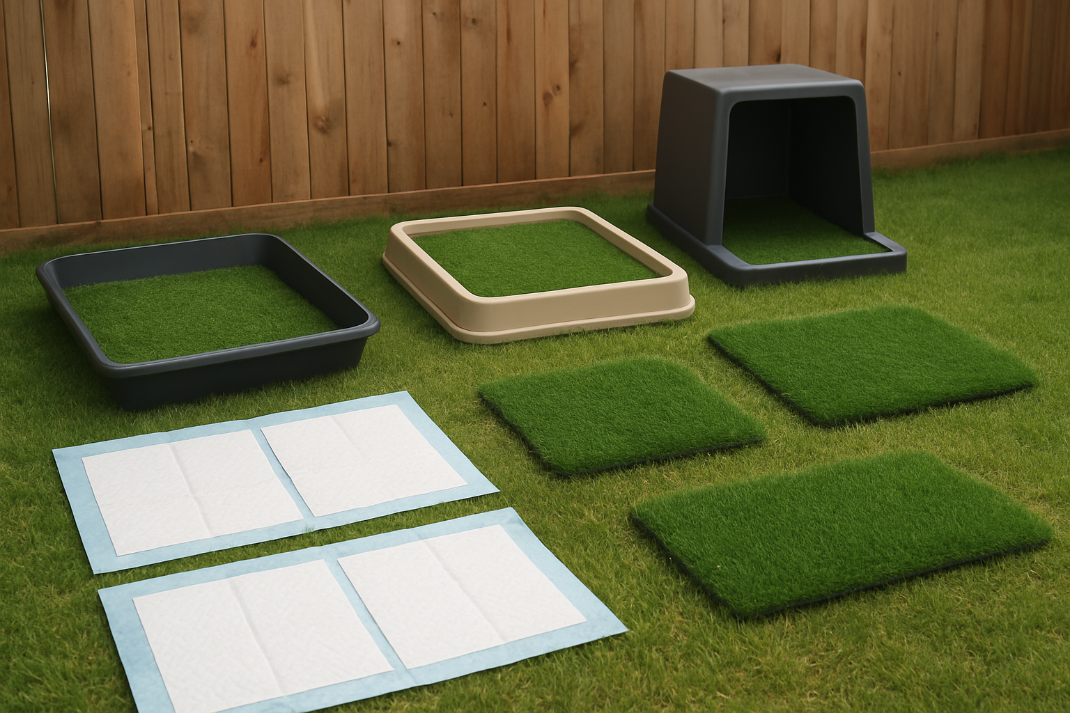Create a realistic image of a backyard setting featuring various commercial dog potty solutions including disposable potty pads laid out on grass, artificial turf patches, and a few commercial dog relief stations or potty boxes, with a wooden fence in the background, natural daylight lighting, clean and organized arrangement showing different options for dog waste management, Absolutely NO text should be in the scene.