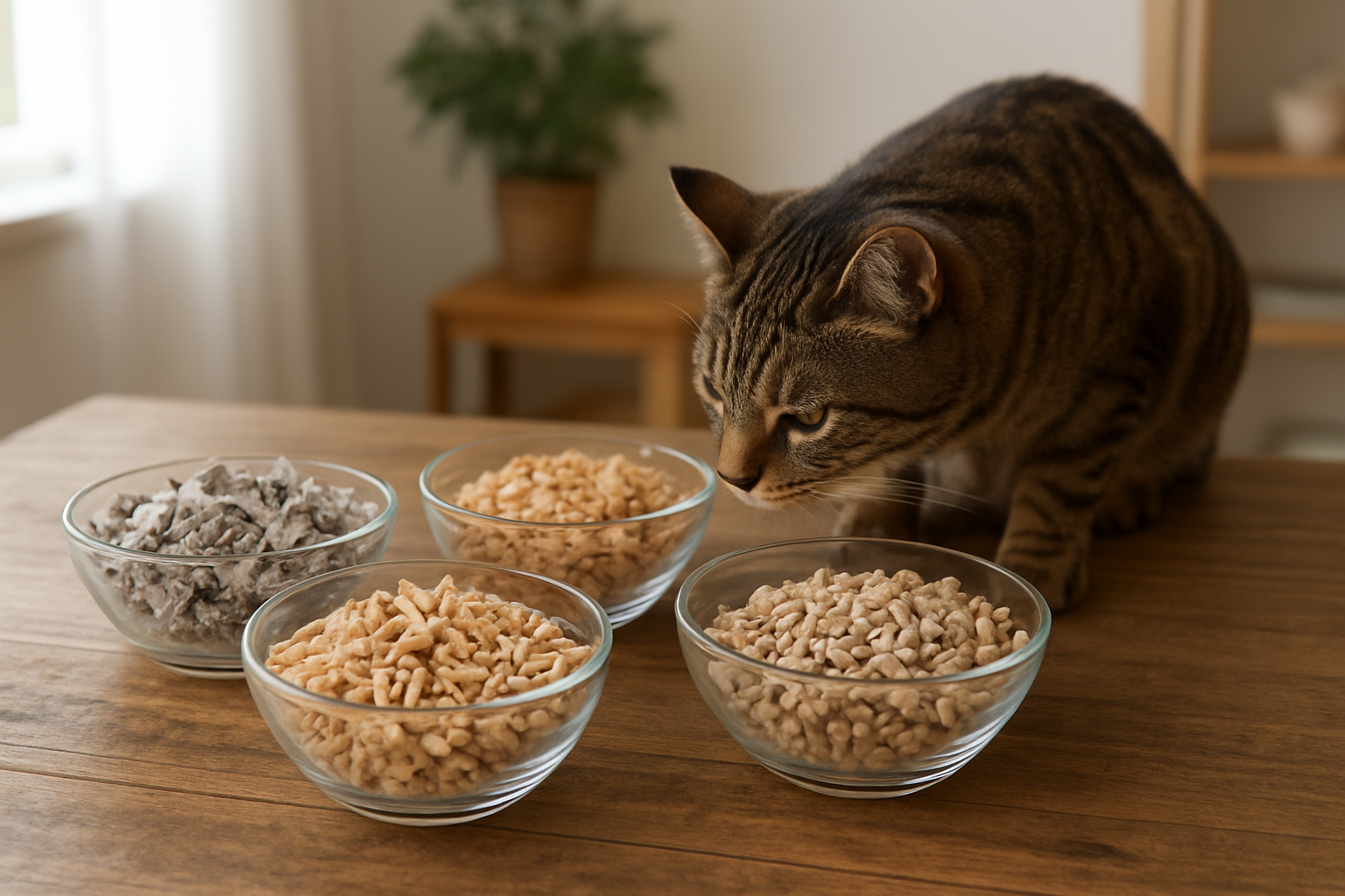 Create a realistic image of various recycled materials being repurposed as cat litter alternatives, including shredded newspaper, torn cardboard pieces, wood shavings from reclaimed lumber, and pellets made from recycled paper, all arranged in separate glass bowls on a rustic wooden table, with a tabby cat curiously sniffing one of the bowls, soft natural lighting from a nearby window, clean and organized eco-friendly home environment in the background, absolutely NO text should be in the scene.