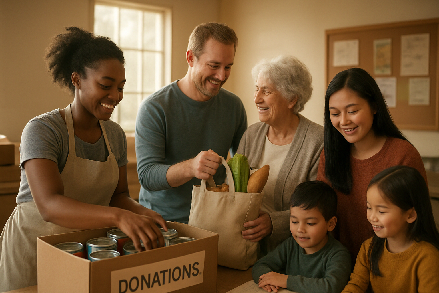 Create a realistic image of diverse people of different races and genders engaged in year-round acts of kindness and service, including a black female volunteering at a food bank, a white male helping an elderly person with groceries, and an Asian female reading to children, set in a warm community center environment with soft natural lighting streaming through windows, depicting the spirit of giving and compassion that extends beyond the Christmas season, with subtle background elements like donation boxes and community bulletin boards, conveying a mood of warmth, service, and ongoing charitable actions, absolutely NO text should be in the scene.