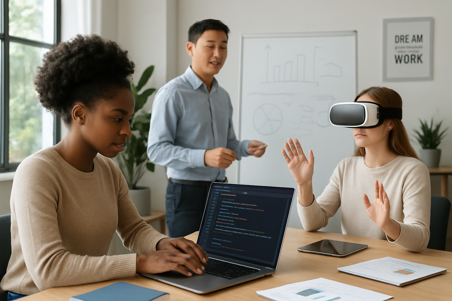 Create a realistic image of a diverse group of young adults in a modern workspace setting, featuring a black female student working on a laptop with coding interfaces visible on screen, an Asian male student practicing presentation skills in front of a whiteboard with charts and diagrams, and a white female student using VR headset for skill training, surrounded by professional development materials like books, certificates, and digital devices on clean wooden desks, bright natural lighting from large windows, contemporary office environment with plants and motivational elements, focused and determined atmosphere suggesting career growth and learning, absolutely NO text should be in the scene.