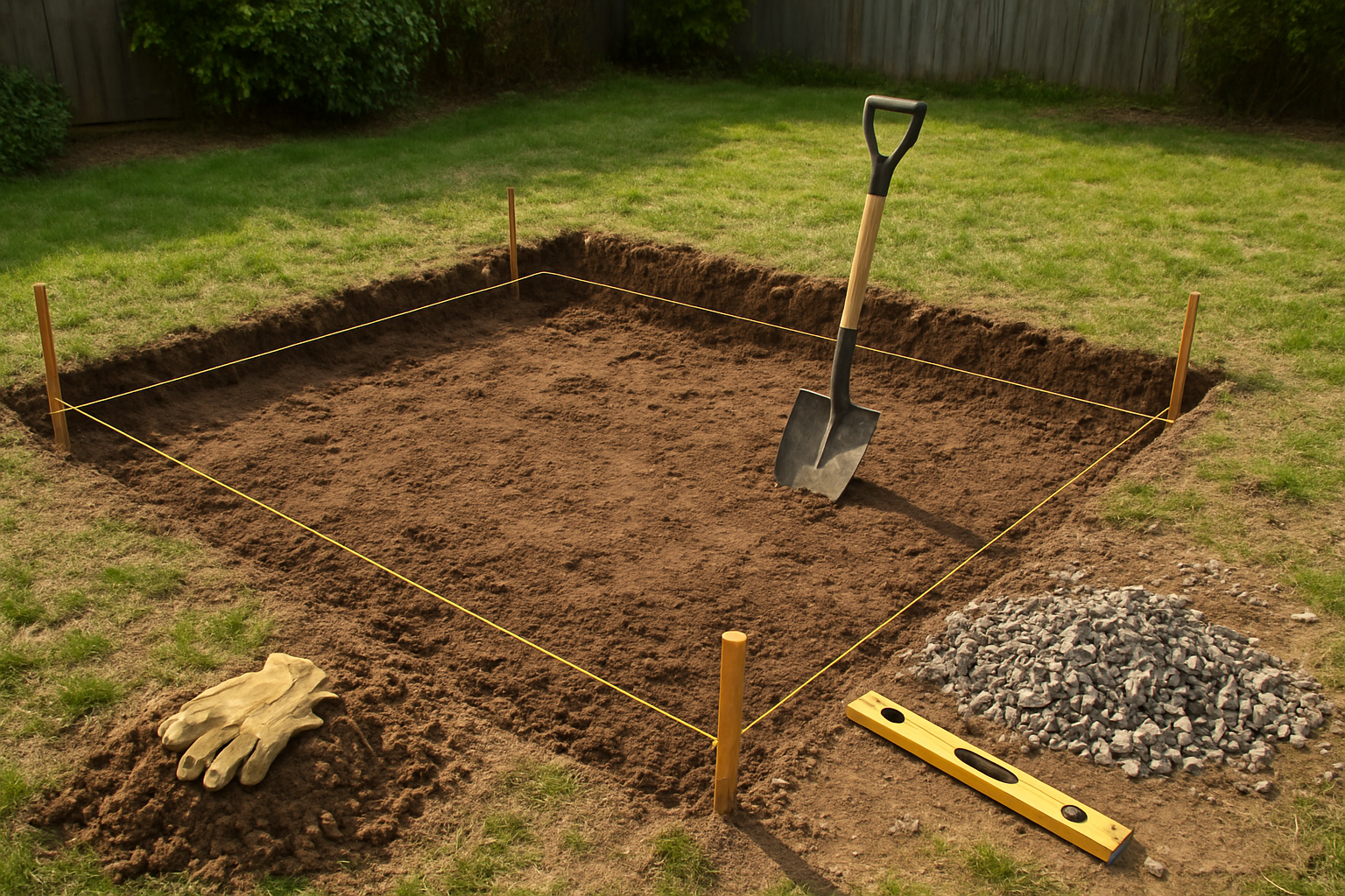 Create a realistic image of a backyard construction site showing foundation preparation for a dog kennel, featuring freshly dug rectangular ground area with exposed dirt, measuring tape laid across the ground, wooden stakes with string lines marking the perimeter, a shovel stuck in the soil, scattered gravel or crushed stone nearby, level tool on the ground, work gloves placed on a small pile of dirt, residential backyard setting with grass around the work area, natural daytime lighting with clear sky, construction preparation atmosphere, absolutely NO text should be in the scene.
