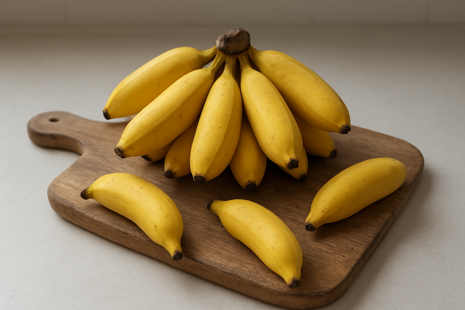 Create a realistic image of a bunch of lady finger bananas (small, sweet, golden-yellow bananas) displayed on a rustic wooden cutting board alongside a few individual lady finger bananas, with soft natural lighting highlighting their distinctive small size and curved shape, set against a clean kitchen counter background with subtle shadows, absolutely NO text should be in the scene.