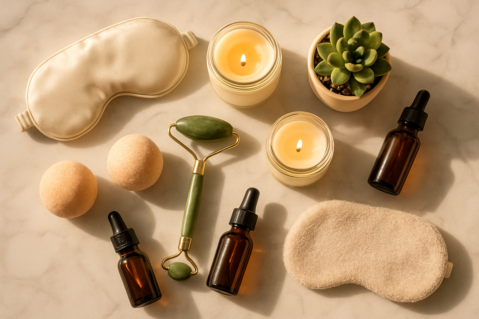 Create a realistic image of an elegant flat lay arrangement of self-care and wellness products on a white marble surface, featuring items like essential oil bottles, a jade facial roller, scented candles in glass jars, a soft face mask, bath bombs, a silk sleep mask, skincare serums, and a small potted succulent, with warm natural lighting creating gentle shadows and a cozy spa-like atmosphere perfect for young adult Christmas gifts, absolutely NO text should be in the scene.
