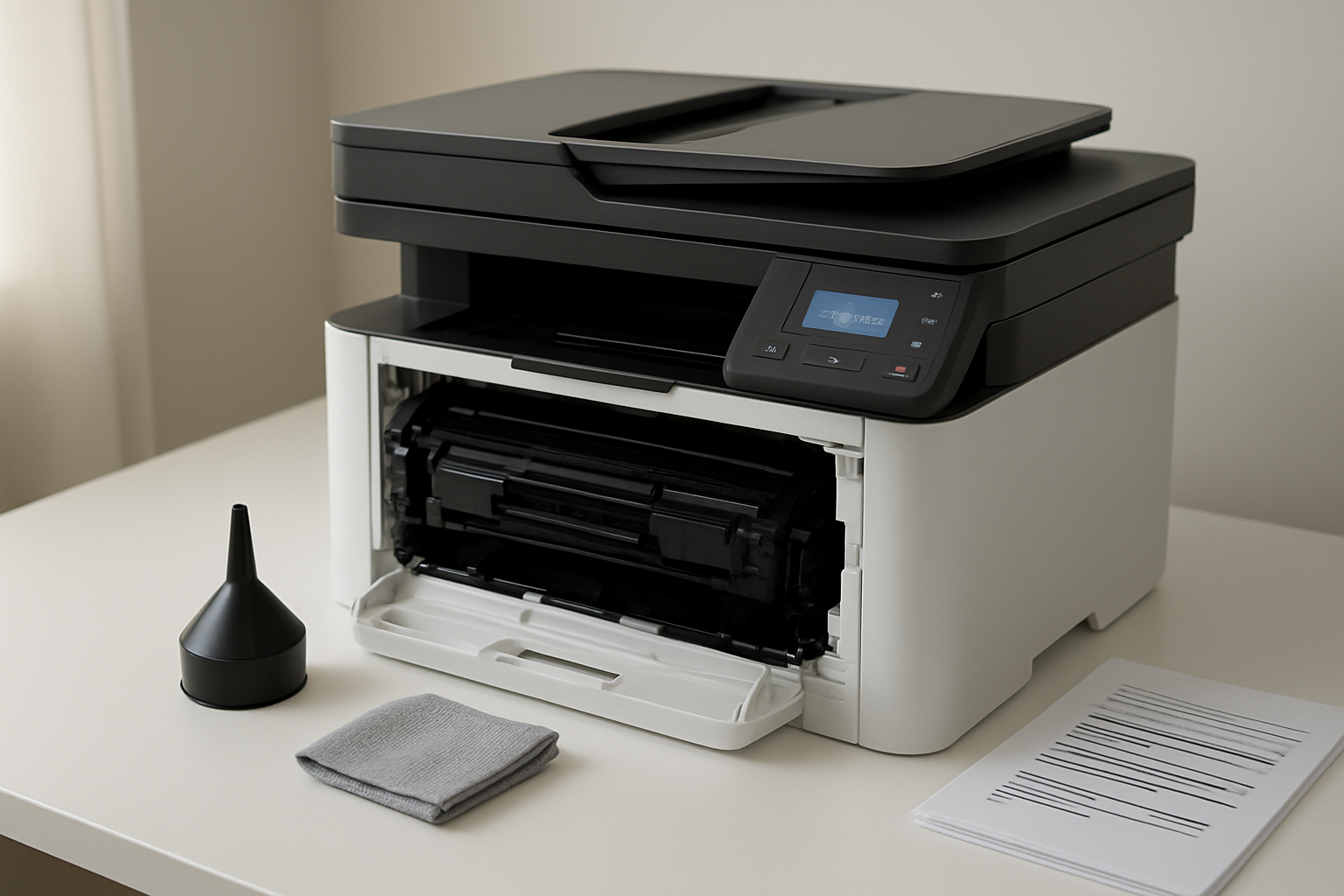 Create a realistic image of a completed HP MFP 139fnw multifunction printer sitting on a clean white desk with a freshly installed black toner cartridge visible through the open front panel, surrounded by printer maintenance tools including a small funnel and cleaning cloth neatly arranged nearby, with soft natural lighting from the side creating a professional office environment atmosphere, showing the printer's digital display glowing with a ready status, and a few perfectly printed test pages stacked beside the printer demonstrating successful ink refill completion, all captured from a slightly angled front view that showcases both the printer's modern design and the organized workspace setup, absolutely NO text should be in the scene.