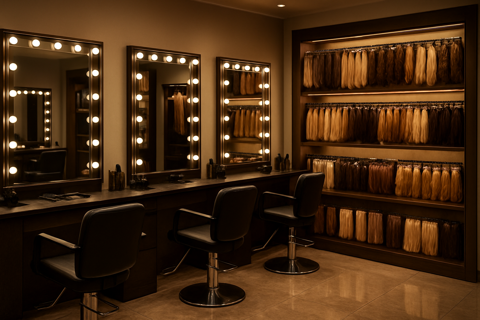 Create a realistic image of a modern, upscale hair salon interior showcasing various hair extension services, featuring multiple styling stations with professional salon chairs, sleek mirrors with Hollywood-style lighting, and organized displays of different types of hair extensions including clip-ins, tape-ins, and weft extensions in various colors and textures arranged on elegant shelves, with professional hair styling tools like brushes, combs, and heat styling equipment visible on clean countertops, warm ambient lighting creating a luxurious atmosphere, polished floors reflecting the salon's sophisticated design, and subtle branding elements without any visible text, absolutely NO text should be in the scene.