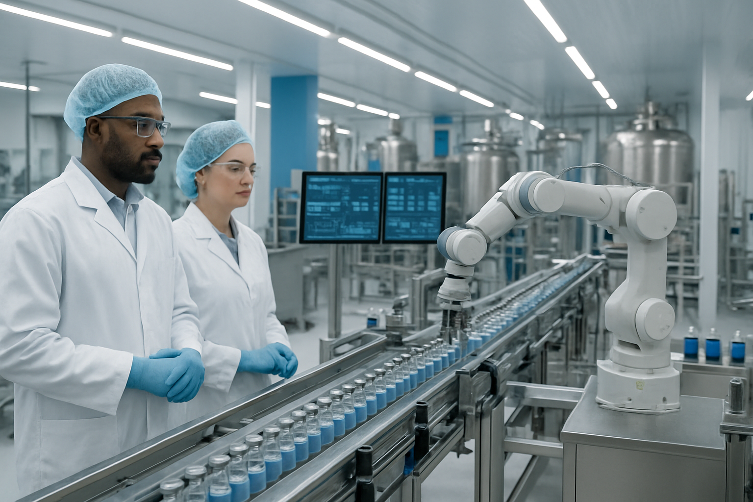 Create a realistic image of a modern pharmaceutical manufacturing facility with automated production lines featuring robotic arms handling vials and medicine bottles, conveyor belts transporting pharmaceutical products, digital monitoring screens displaying supply chain data, steel tanks and processing equipment in the background, clean white and blue industrial interior with bright LED lighting, workers in white lab coats and safety gear including a black male technician and white female quality control specialist monitoring the operations, emphasizing efficiency and technological advancement in the scene, absolutely NO text should be in the scene.