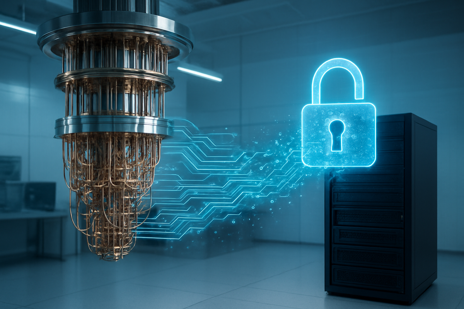 Create a realistic image of a large quantum computer with its distinctive cylindrical dilution refrigerator and complex wiring system positioned on the left side, while on the right side show a traditional computer server with a prominent broken or cracked padlock symbol hovering above it, connected by flowing digital data streams or circuit patterns that appear to be dissolving or fragmenting as they travel from the quantum computer toward the server, set in a modern high-tech laboratory environment with clean white and blue lighting, metallic surfaces, and a subtle digital grid pattern in the background to emphasize the technological theme, absolutely NO text should be in the scene.