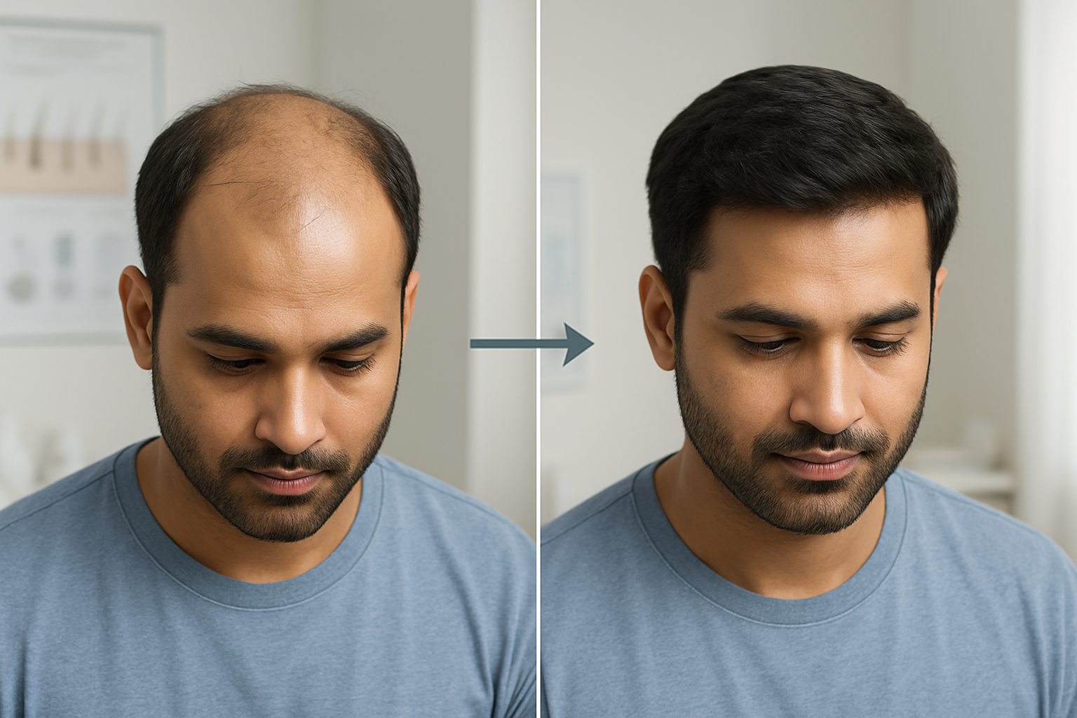 Create a realistic image of a split-screen comparison showing a South Asian male patient's scalp with thinning hair on the left side and the same person with fuller, thicker hair growth on the right side, with a subtle arrow indicating progression over time, set in a clean modern medical clinic environment with soft professional lighting, medical charts or hair growth tracking materials visible in the background, capturing the transformation timeline concept for non-surgical hair restoration treatments, absolutely NO text should be in the scene.