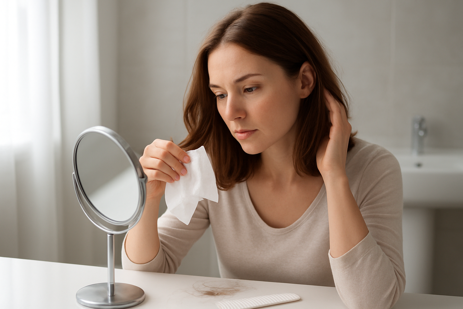 Create a realistic image of a white female with shoulder-length brown hair sitting at a clean white bathroom counter, holding a white tissue paper in one hand while gently running her other hand through her hair, with a handheld mirror, a white comb, and a few loose hair strands on the counter surface, soft natural lighting from a window creating a calm and focused atmosphere for hair examination, absolutely NO text should be in the scene.