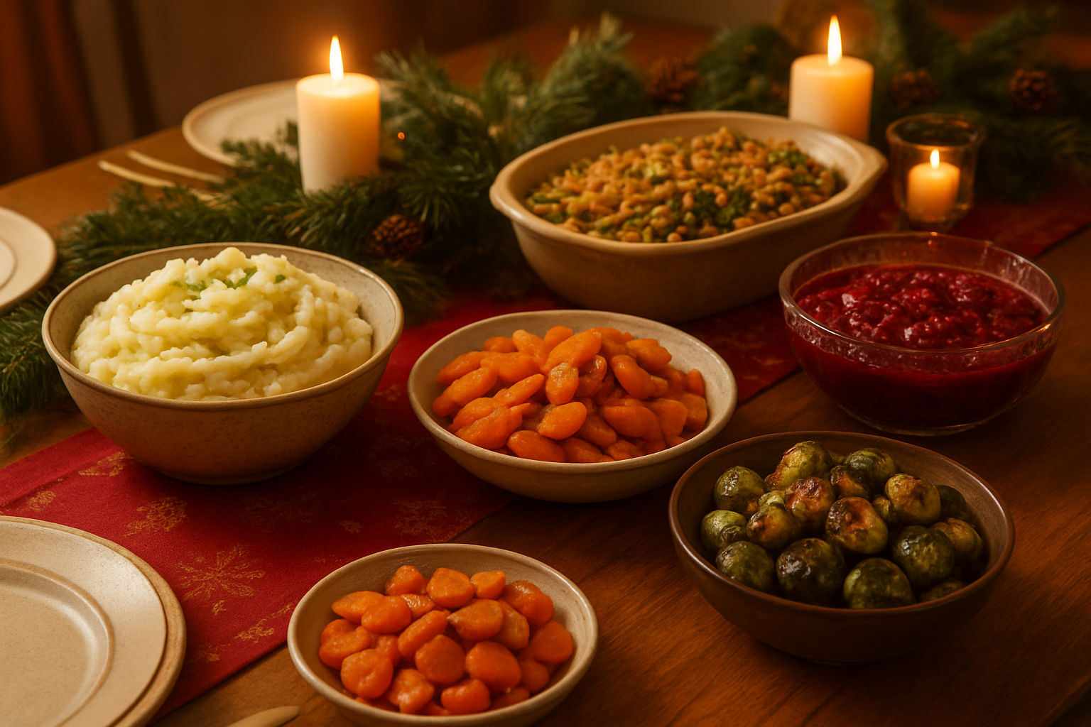 Create a realistic image of an elegant holiday dining table featuring an array of traditional Christmas side dishes including creamy mashed potatoes in a ceramic bowl, glazed carrots, green bean casserole with crispy onions, stuffing in a rustic serving dish, cranberry sauce in a glass bowl, and roasted Brussels sprouts, all beautifully arranged on a wooden dining table with festive red and gold table linens, surrounded by pine garland, flickering candles, and warm golden lighting that creates a cozy holiday atmosphere, absolutely NO text should be in the scene.