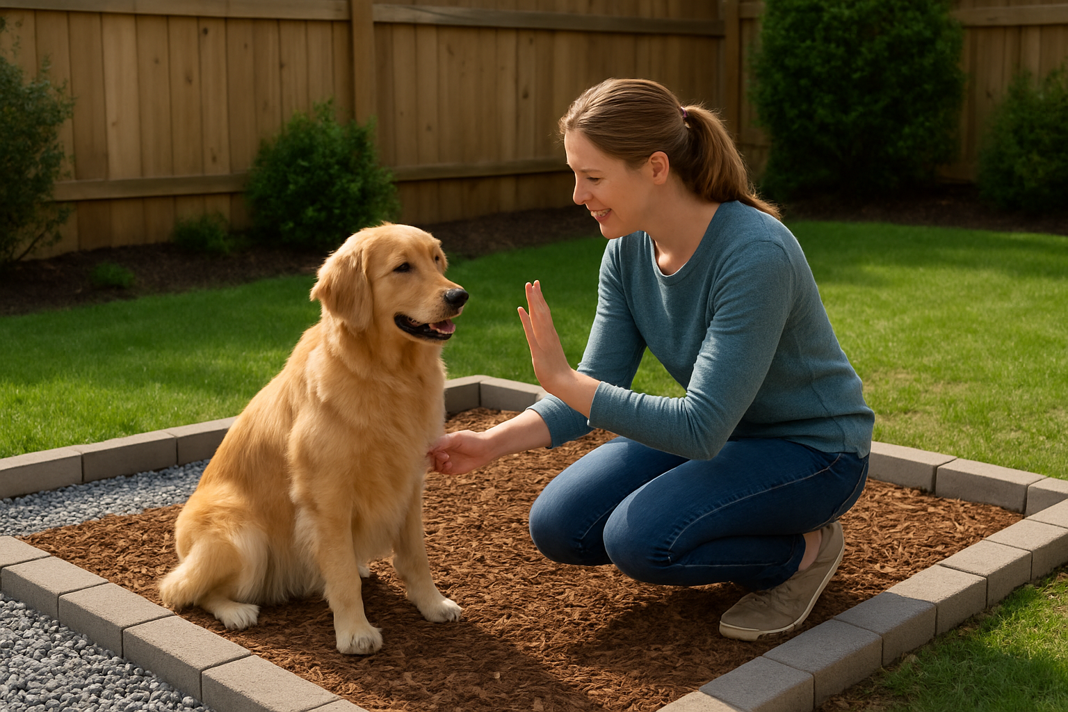 Create a realistic image of a white female dog owner kneeling beside her medium-sized golden retriever in a well-constructed backyard dog potty area with proper gravel drainage, wood chip surface, and defined borders, with the woman gently guiding and encouraging her attentive dog with positive hand gestures, set in a clean residential backyard during bright daylight with natural lighting, showing a patient training moment between owner and pet. Absolutely NO text should be in the scene.