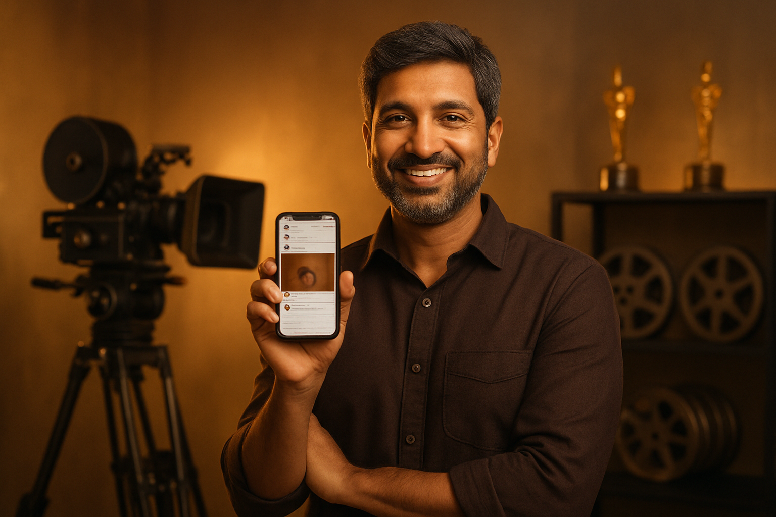 Create a realistic image of a South Asian male filmmaker in his 40s standing confidently in a modern film studio, holding a smartphone displaying social media content, with movie cameras and filming equipment in the background, warm golden lighting creating a victorious atmosphere, film reels and industry awards visible on shelves, representing triumph over deception in the entertainment industry, absolutely NO text should be in the scene.