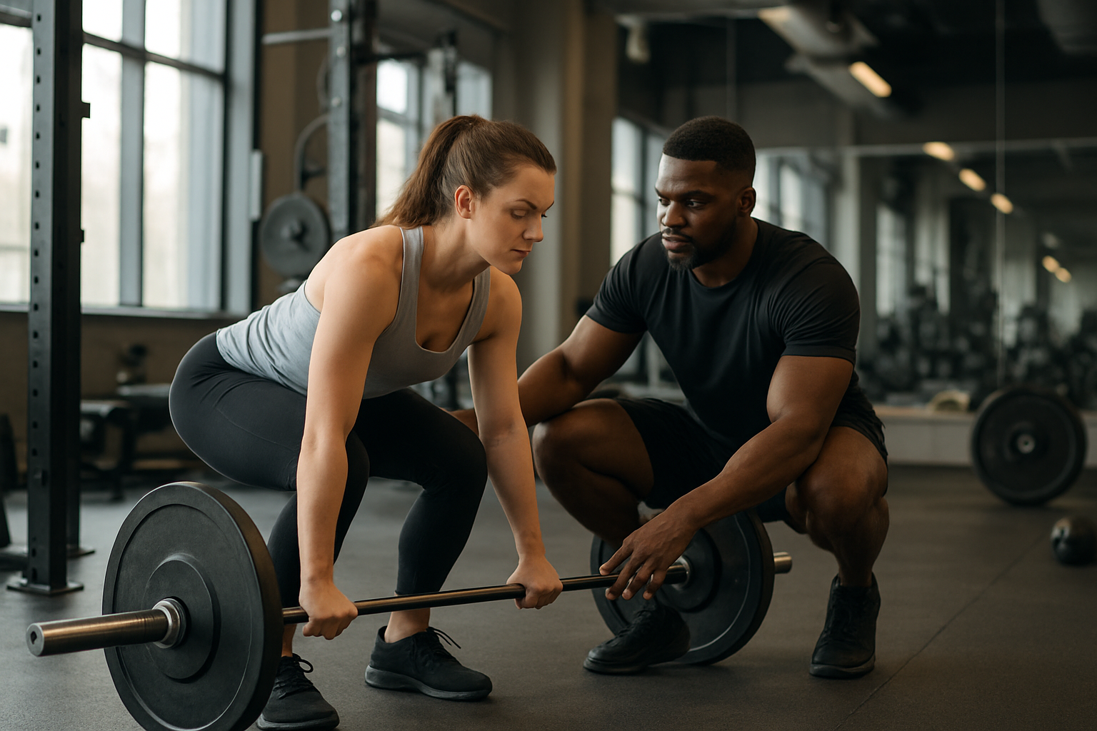 Create a realistic image of a black male personal trainer demonstrating proper deadlift form to a white female client in a modern gym setting, with the trainer positioned beside the client showing correct posture and hand placement on a barbell, surrounded by professional gym equipment including weight plates and mirrors, soft natural lighting from large windows creating a focused and educational atmosphere, emphasizing safety and proper technique instruction, absolutely NO text should be in the scene.