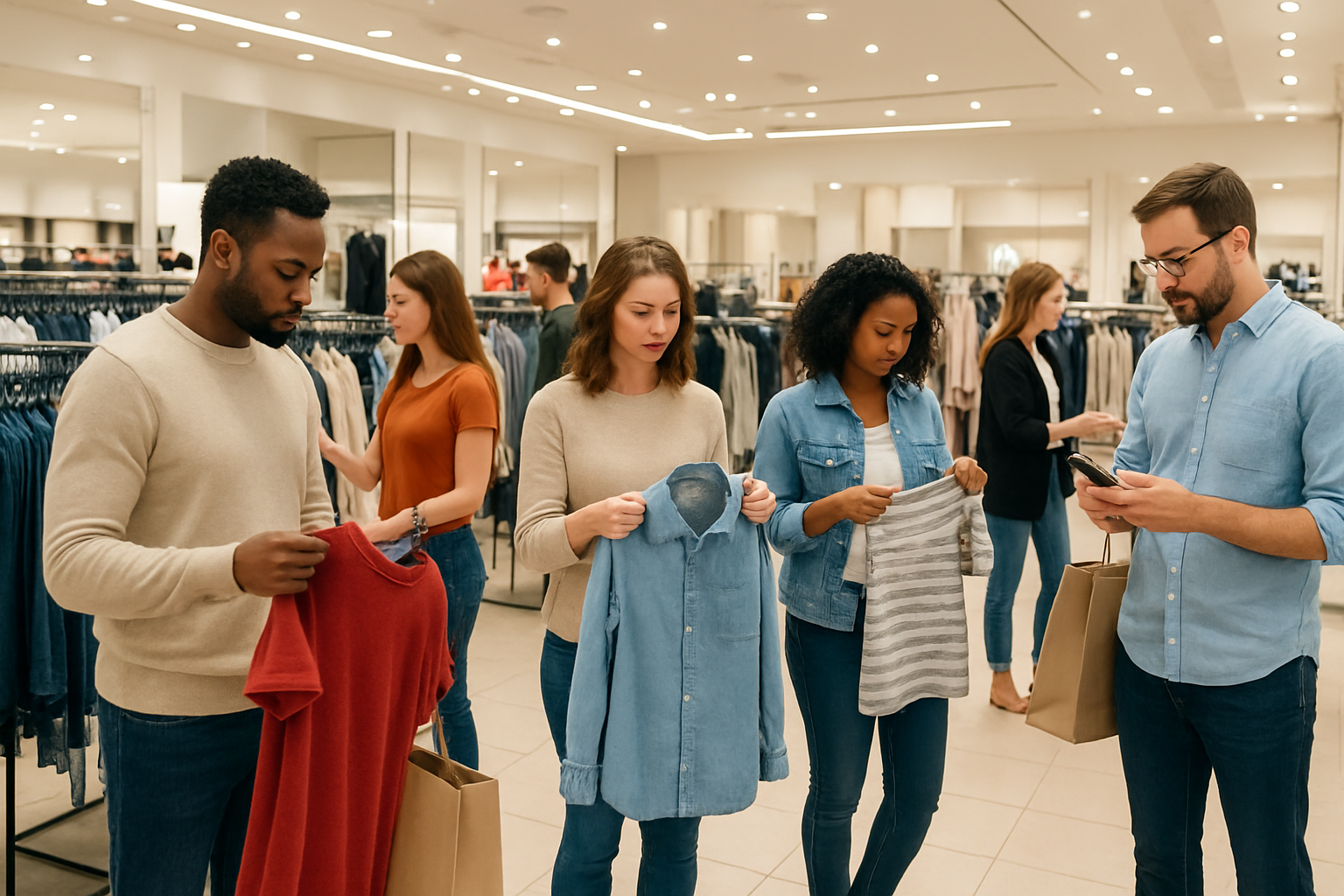 Create a realistic image of a modern American shopping mall interior with diverse shoppers including white and black males and females of various ages browsing clothing stores, fitting rooms visible in the background, shoppers holding different sized garments comparing fits, some people using smartphones while shopping, bright commercial lighting, clean modern retail environment with clothing racks displaying various sizes and styles, shopping bags visible, casual American shopping atmosphere, absolutely NO text should be in the scene.