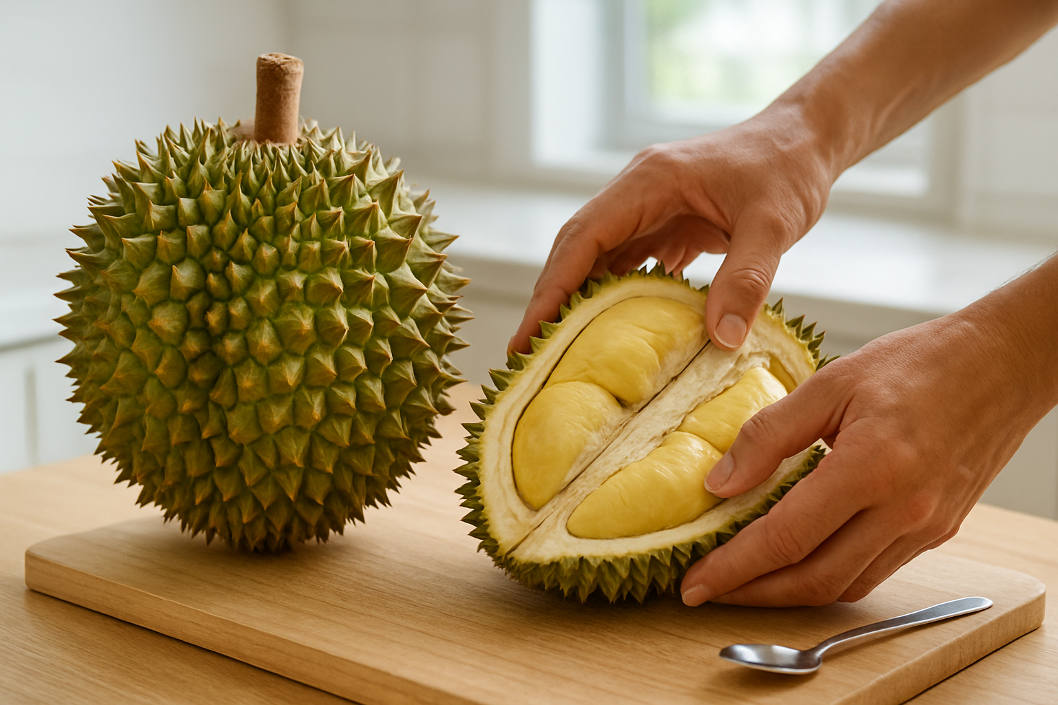 Create a realistic image of hands demonstrating how to select and open a durian fruit, showing a whole spiky durian alongside an opened durian revealing the creamy yellow flesh segments inside, with a small spoon nearby for eating, set on a clean wooden cutting board in a bright kitchen setting with natural lighting, focusing on the detailed texture of the durian's thorny exterior and the custard-like interior flesh, absolutely NO text should be in the scene.