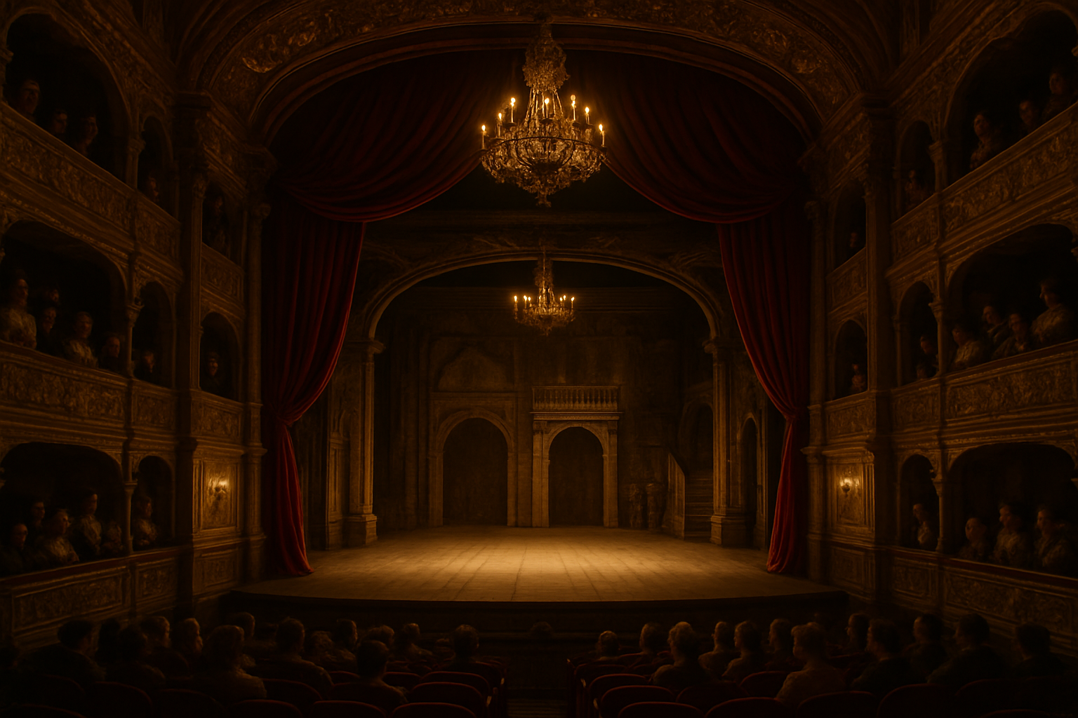Create a realistic image of a 17th century French theater stage viewed from the audience perspective, showing an ornate baroque theater interior with red velvet curtains partially drawn, golden decorative moldings, multiple tiers of audience boxes filled with period-dressed spectators, warm amber stage lighting illuminating a wooden stage floor with classical French theater set pieces in the background, capturing the dramatic atmosphere of a Parisian playhouse during Cyrano de Bergerac's era, with elegant chandeliers casting soft shadows and the overall mood suggesting anticipation before a pivotal scene, absolutely NO text should be in the scene.