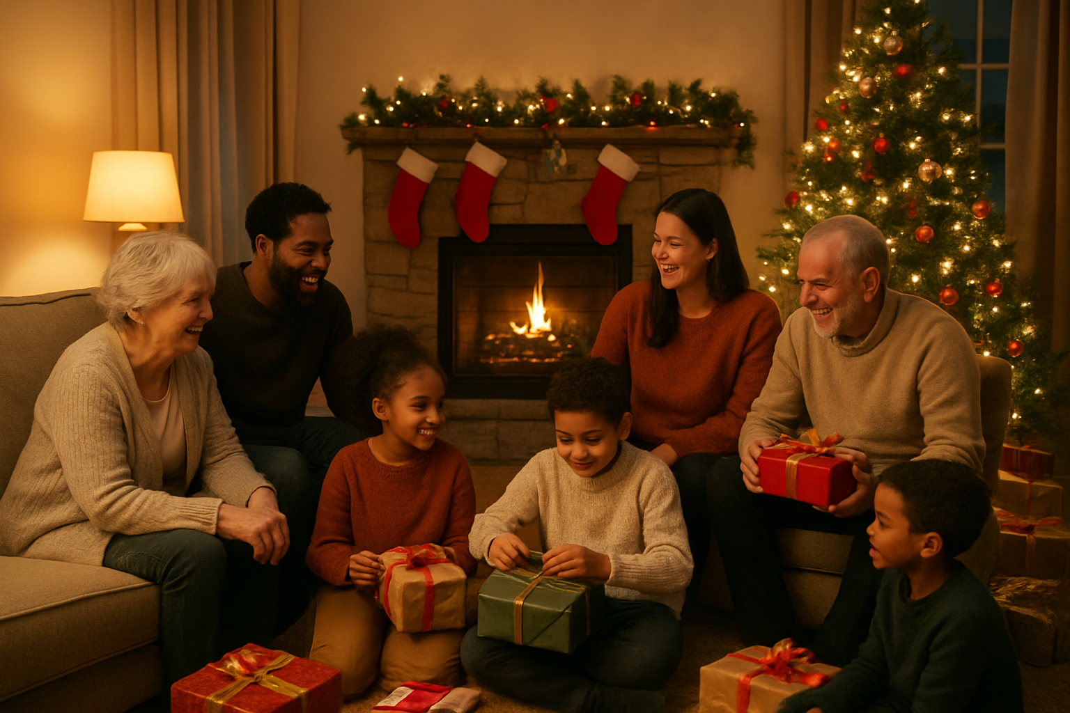 Create a realistic image of a warm, cozy living room during Christmas evening where a multi-generational family including white and black adults and children are gathered around a beautifully decorated Christmas tree, with some family members sitting on a comfortable sofa while others are on the floor opening presents, a fireplace glowing warmly in the background, traditional Christmas decorations like garlands and stockings adorning the mantle, soft golden lighting from table lamps and the fire creating an intimate atmosphere, wrapped gifts scattered under the tree, and family members engaged in joyful conversation and gift-giving activities, absolutely NO text should be in the scene.