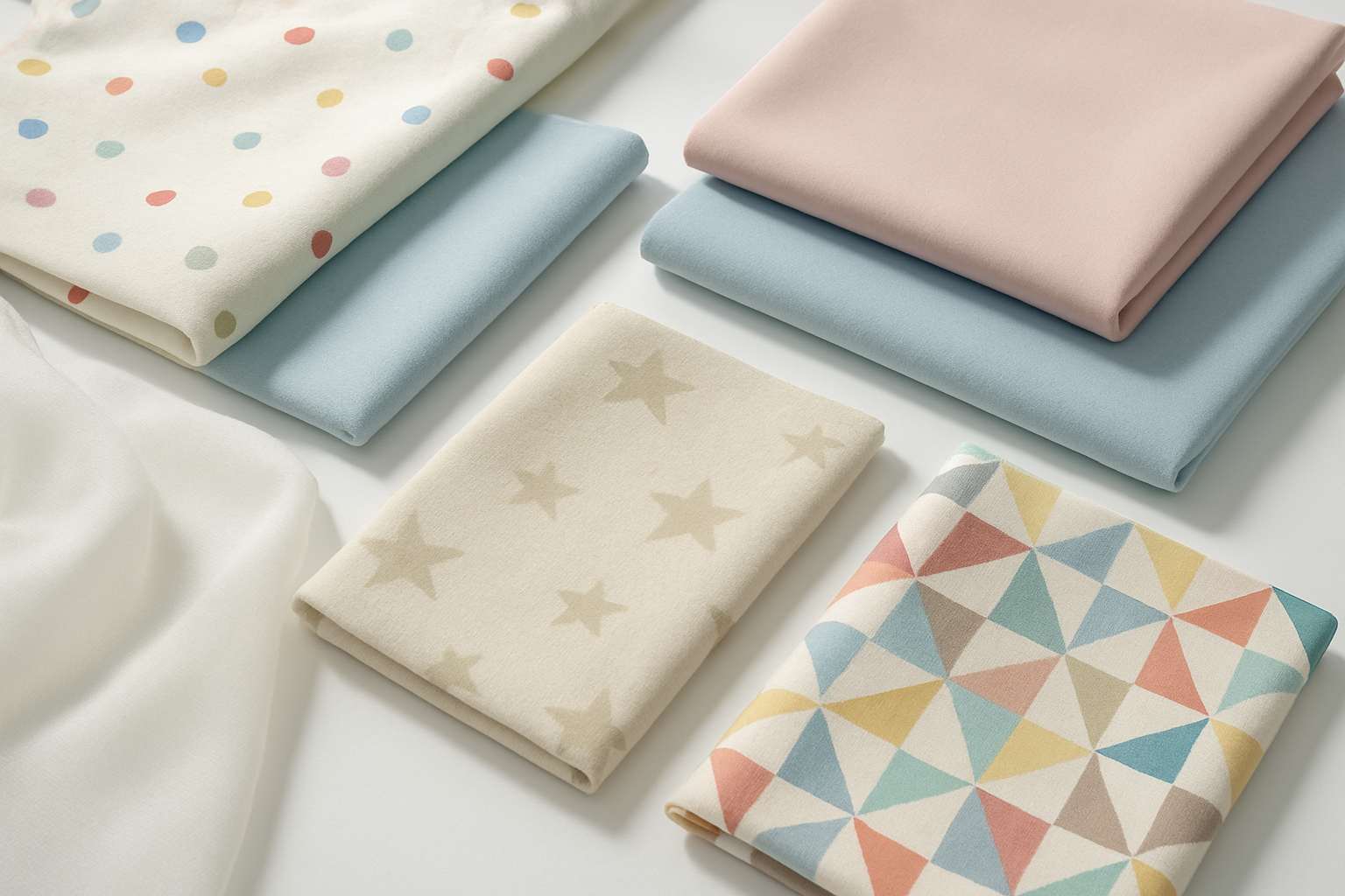 Create a realistic image of various fabric samples and swatches arranged on a clean white surface, showing different types of child-friendly curtain materials including cotton with colorful patterns, blackout fabric in soft pastels, sheer voile in light colors, and playful printed fabrics with stars and geometric designs, with natural daylight illuminating the textures and colors of each fabric type, creating a professional fabric selection display for children's room curtains, absolutely NO text should be in the scene.