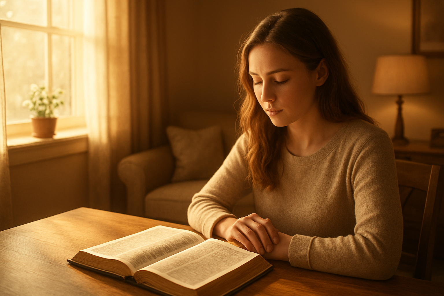 Create a realistic image of a peaceful indoor setting with an open Bible placed on a wooden table, soft golden sunlight streaming through a window illuminating the pages, a white female sitting in contemplation with her hands gently resting near the Bible, wearing casual modest clothing, surrounded by a cozy living room atmosphere with warm earth tones, a small potted plant on the windowsill, and a sense of quiet reflection and spiritual transformation conveying peace and biblical study, absolutely NO text should be in the scene.