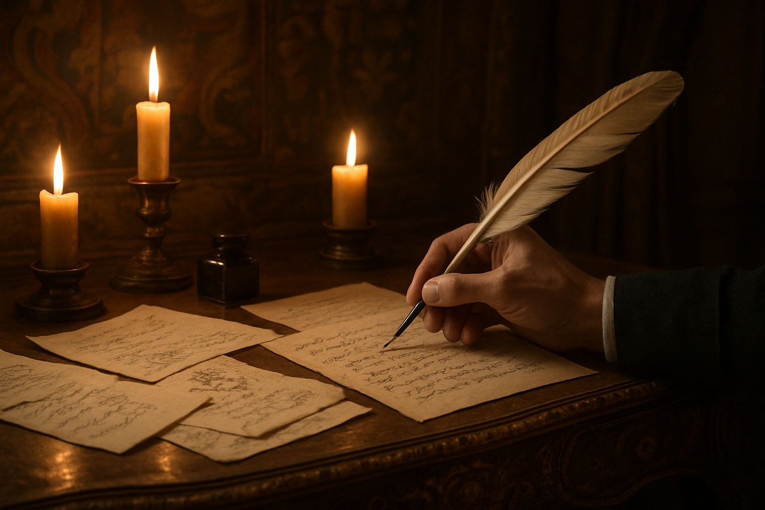 Create a realistic image of an ornate 17th century French writing desk with scattered handwritten papers containing lists and sketches, a white male hand holding a quill pen writing comparative metaphors, ink bottles and candles providing warm lighting, baroque period interior background with rich tapestries, the scene capturing the creative process of literary analysis and poetic comparison, moody candlelit atmosphere suggesting scholarly work, absolutely NO text should be in the scene.