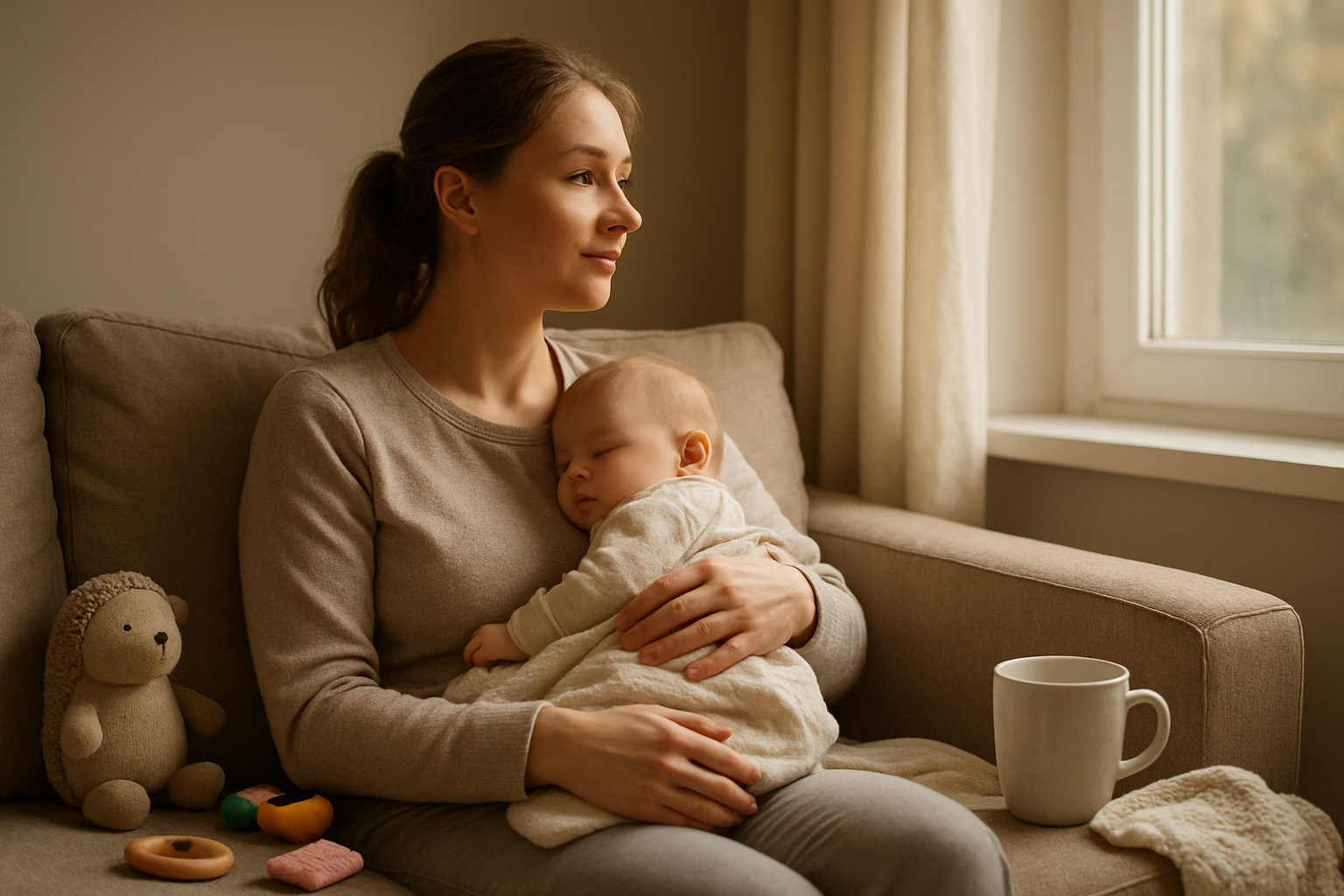 Create a realistic image of a peaceful white female mother in comfortable clothing sitting on a cozy living room couch, holding her sleeping baby while looking out a window with soft natural light streaming in, surrounded by everyday motherhood items like baby toys, a coffee mug, and a baby blanket, with a serene and content expression showing acceptance and calm, warm lighting creating a sense of hope and balance, absolutely NO text should be in the scene.