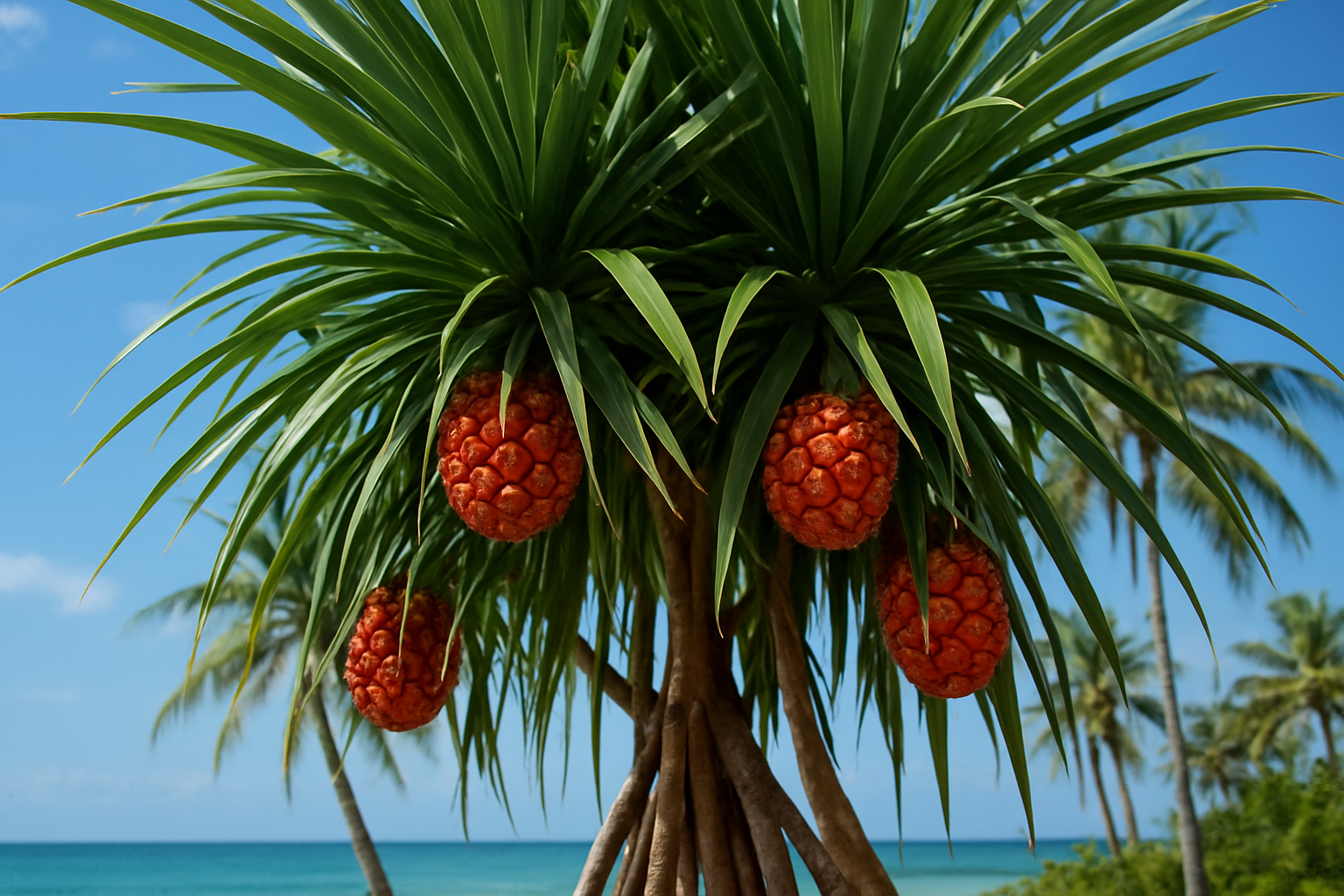 Create a realistic image of a close-up view of a mature Pandanus plant showcasing its distinctive long, narrow, spiky green leaves arranged in spiral patterns around thick aerial prop roots, with several orange-red pineapple-like Pandanus fruits hanging from branches, set against a tropical coastal background with palm trees and blue sky, captured in bright natural daylight that highlights the plant's unique architectural form and textural details, absolutely NO text should be in the scene.