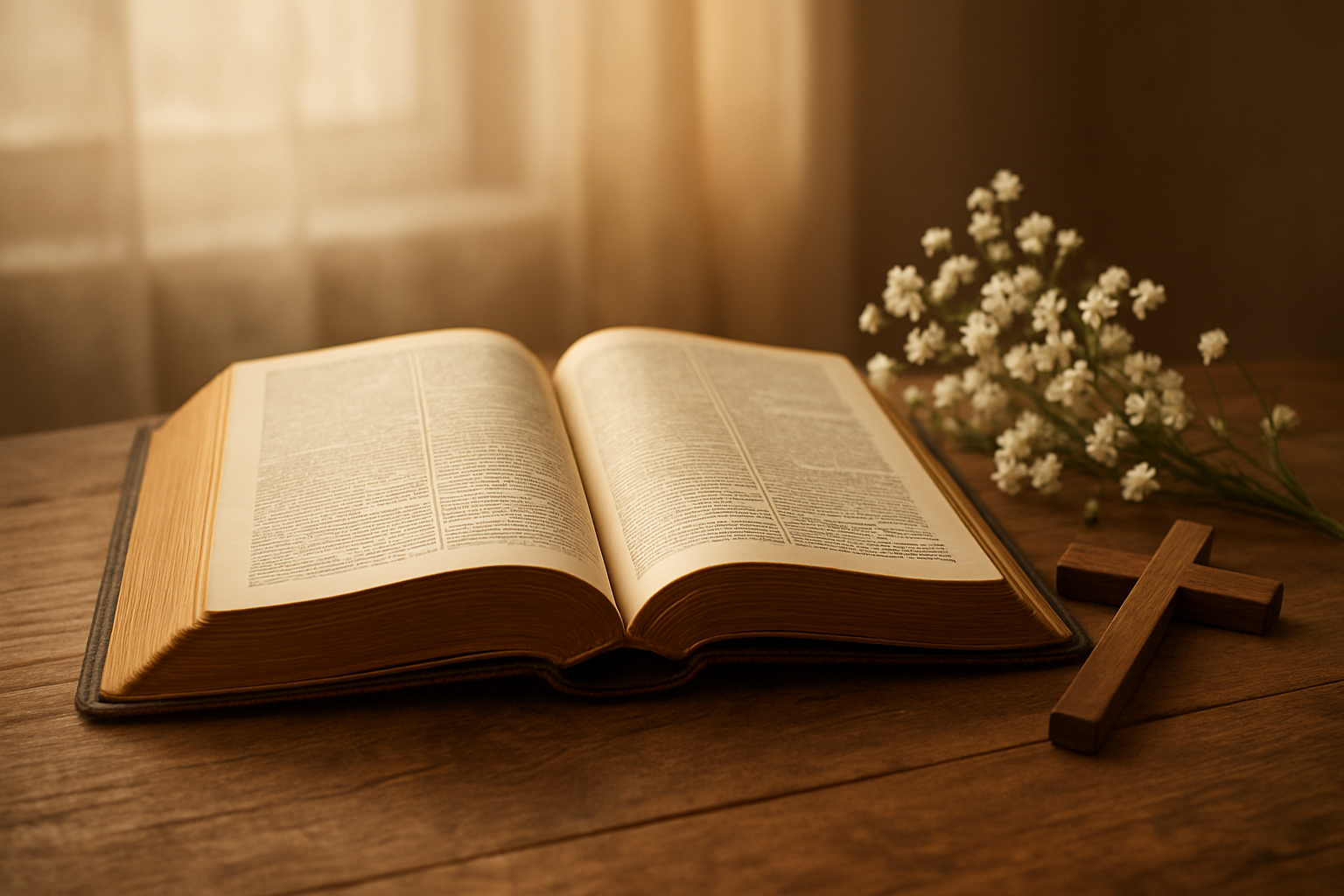 Create a realistic image of an open vintage Bible with golden pages lying on a wooden table, surrounded by soft natural lighting from a nearby window, with delicate white flowers and a wooden cross placed beside the scripture, creating a peaceful and reverent atmosphere that emphasizes the sacred foundations of biblical teachings, with warm golden and cream tones throughout the scene, absolutely NO text should be in the scene.