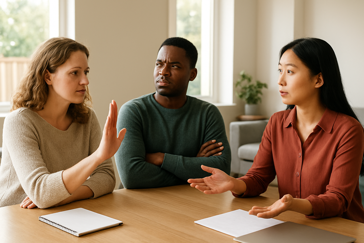 Create a realistic image of a diverse group of three people - a white female, a black male, and an Asian female - sitting around a modern wooden table in a bright, naturally lit room, with the white female looking thoughtful while holding her hand up in a "stop" gesture, the black male appearing to lean back with crossed arms showing resistance, and the Asian female mediating between them with open palms, surrounded by soft natural lighting from large windows, comfortable modern furniture in the background, and a calm, supportive atmosphere that conveys working through interpersonal challenges and communication barriers, absolutely NO text should be in the scene.