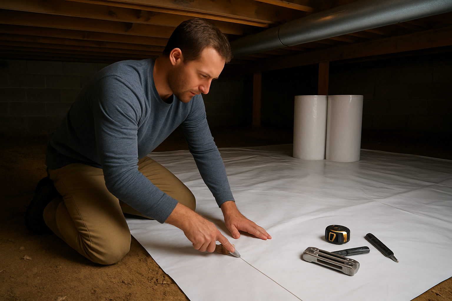 Create a realistic image of a white male homeowner kneeling in a clean crawl space installing a white plastic vapor barrier on the dirt floor, with tools like a utility knife, staple gun, and measuring tape scattered nearby, rolls of vapor barrier material visible in the background, proper lighting illuminating the methodical installation process showing the barrier being carefully positioned and secured, demonstrating a professional DIY approach to moisture protection in a residential setting. Absolutely NO text should be in the scene.