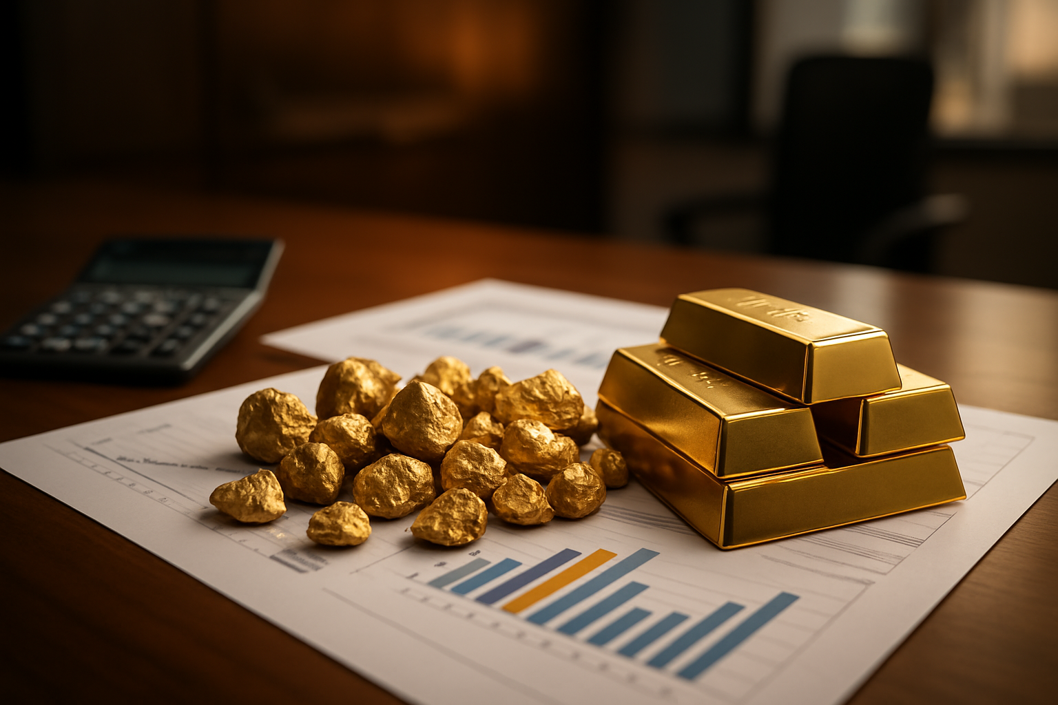 Create a realistic image of raw gold nuggets and gold bars displayed on a polished wooden table alongside financial documents, investment charts, and a calculator, with a professional office setting in the background featuring warm lighting that highlights the golden metals, creating an atmosphere of wealth and financial opportunity. Absolutely NO text should be in the scene.